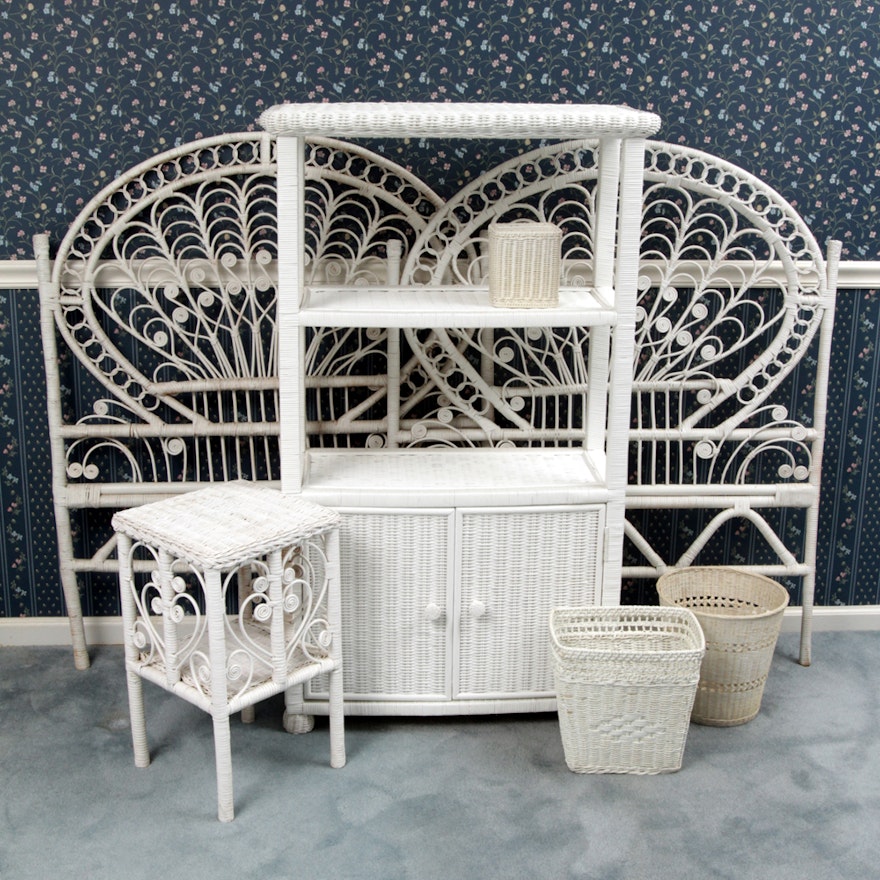 Pair of White Wicker Twin Headboards and Accent Pieces