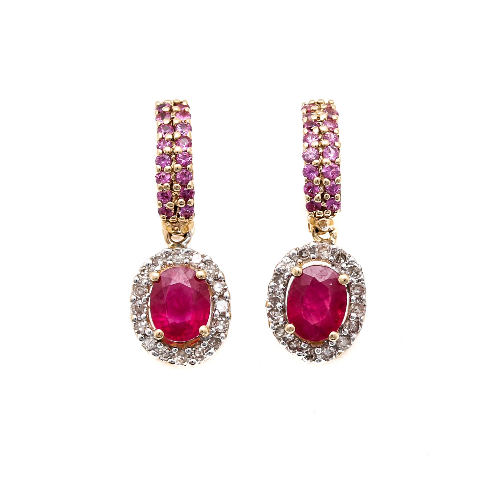 10K Yellow Gold Ruby Pink Sapphire and Diamond Earrings