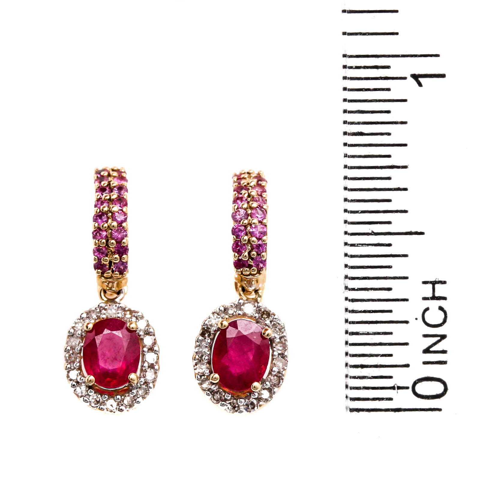 10K Yellow Gold Ruby Pink Sapphire and Diamond Earrings