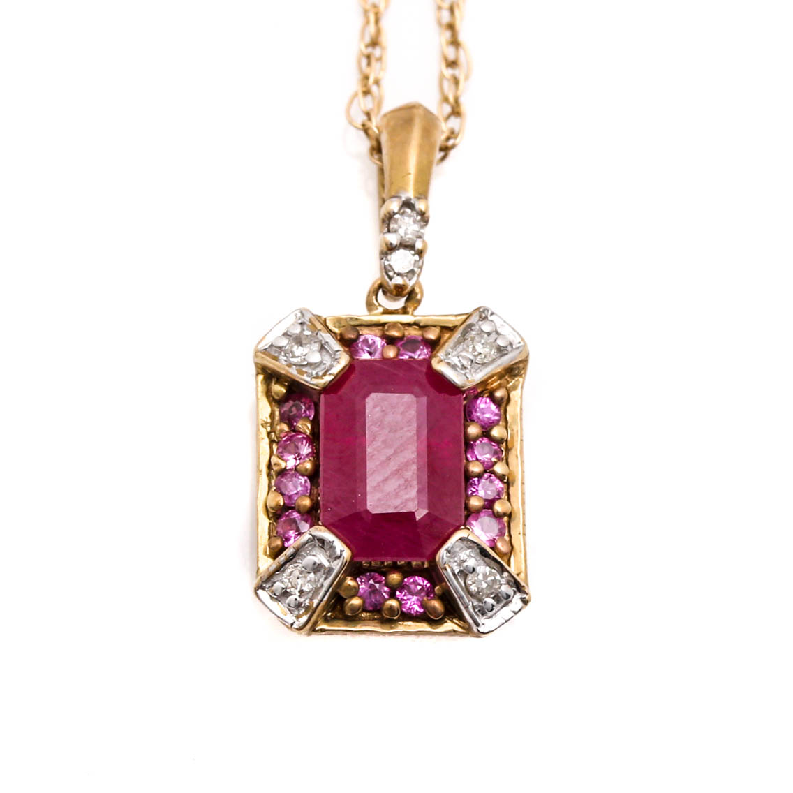 10K and 14K Yellow Gold Ruby, Pink Sapphire and Diamond Pendant Necklace