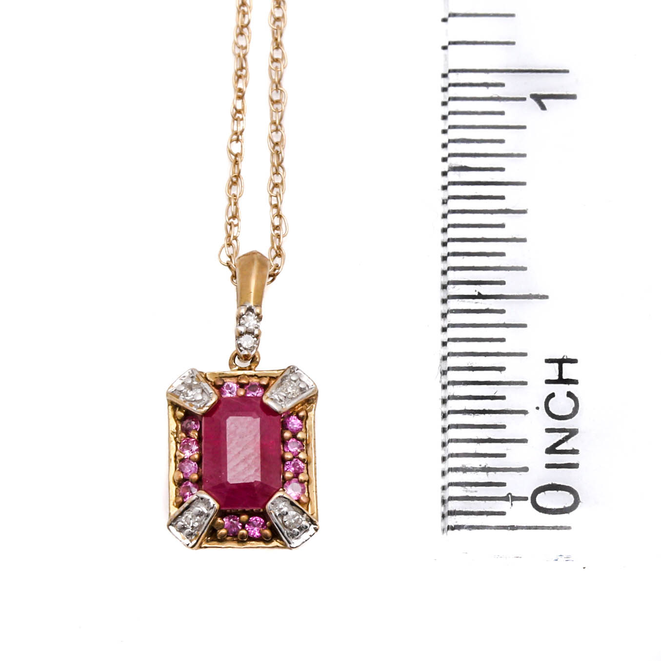 10K and 14K Yellow Gold Ruby, Pink Sapphire and Diamond Pendant Necklace