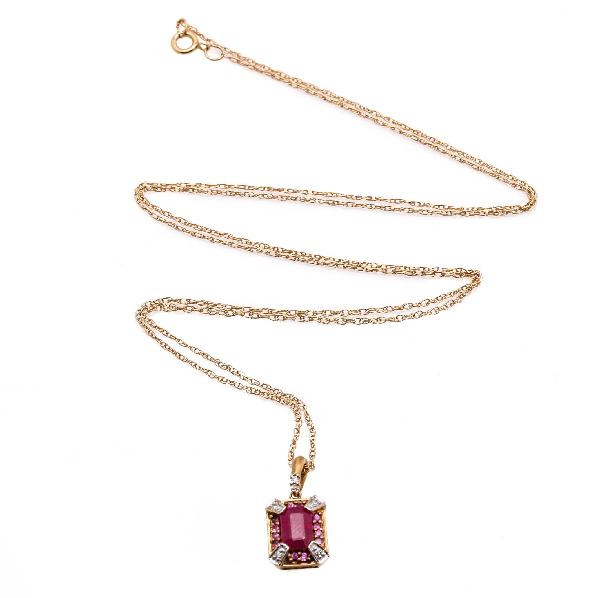 10K and 14K Yellow Gold Ruby, Pink Sapphire and Diamond Pendant Necklace