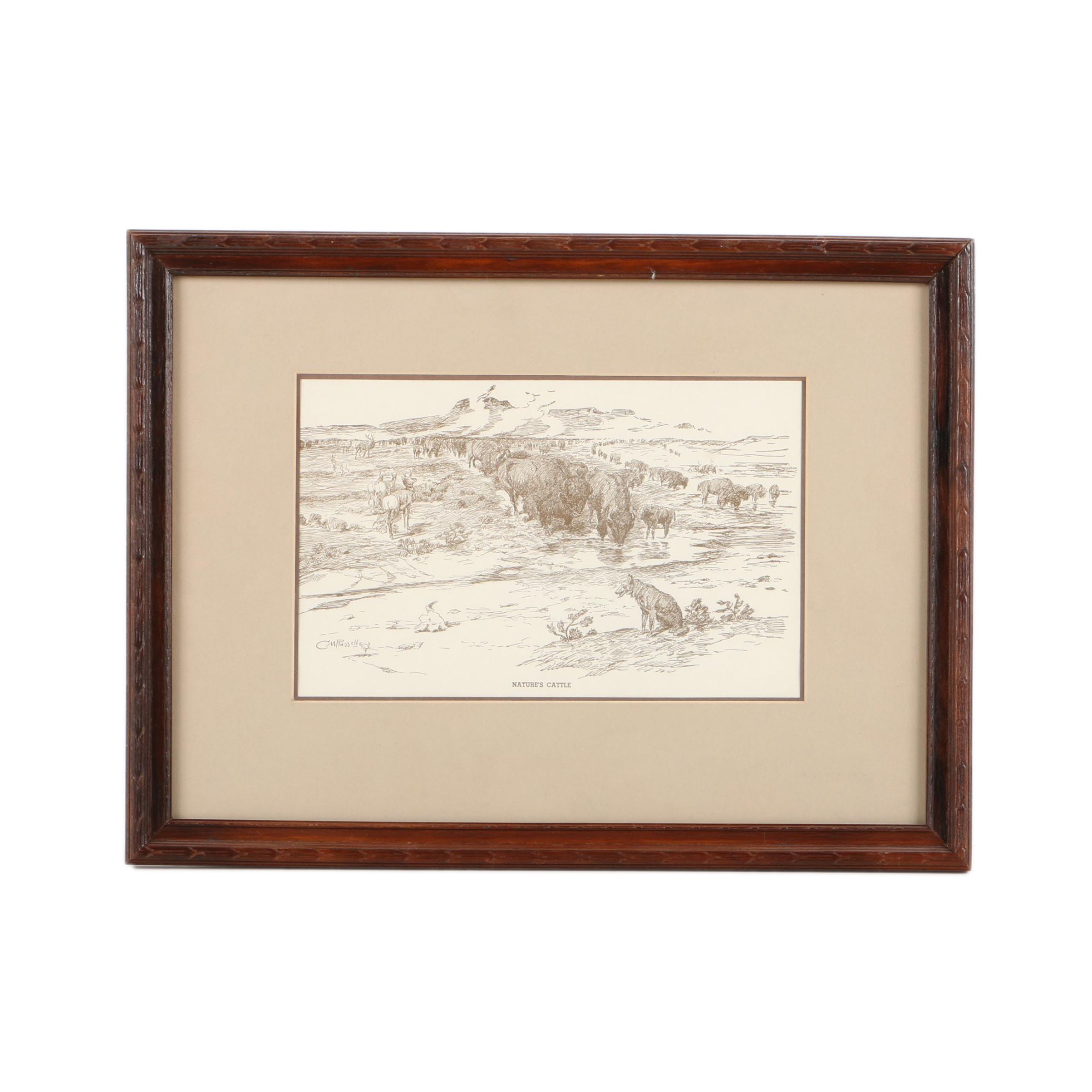 Lithograph on Paper After C. M. Russell "Nature's Cattle"