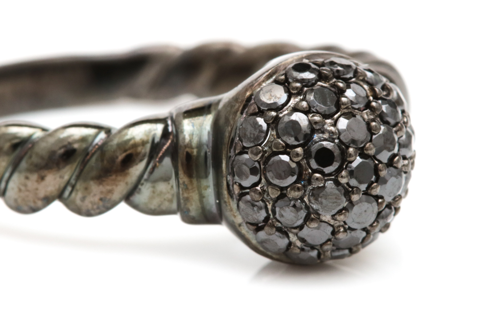 Black Rhodium Plated Sterling Silver and Black Crystal Ring