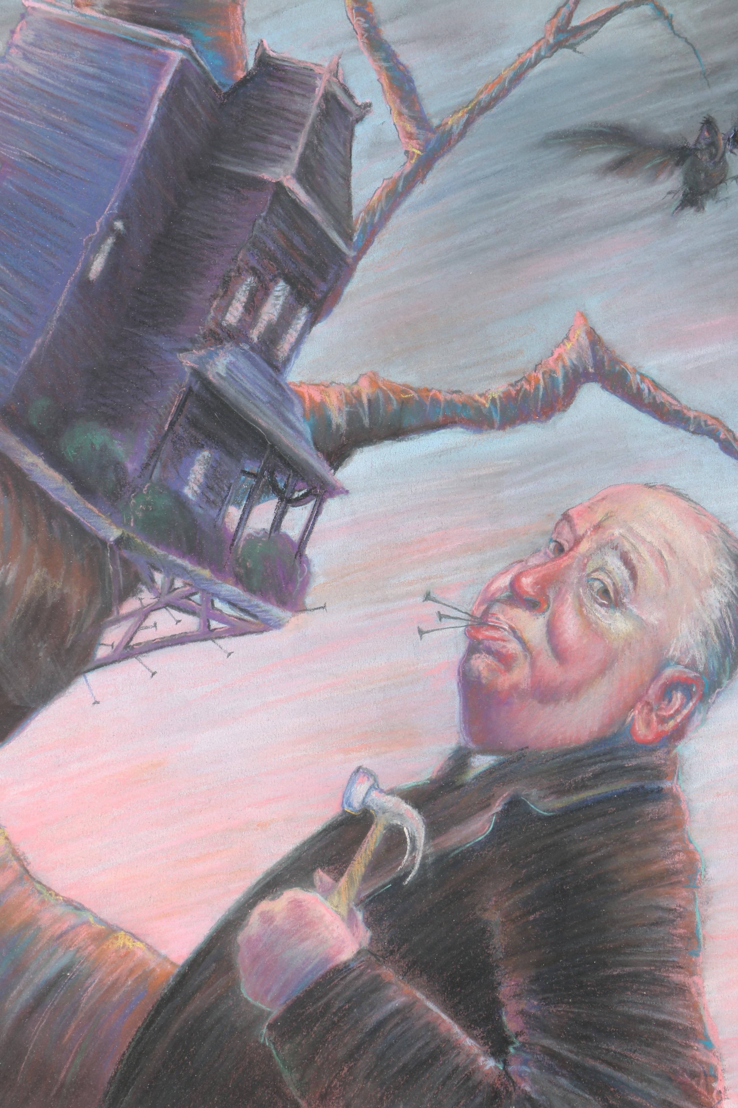 Signed Pastel Drawing of Alfred Hitchcock and the "Psycho" House