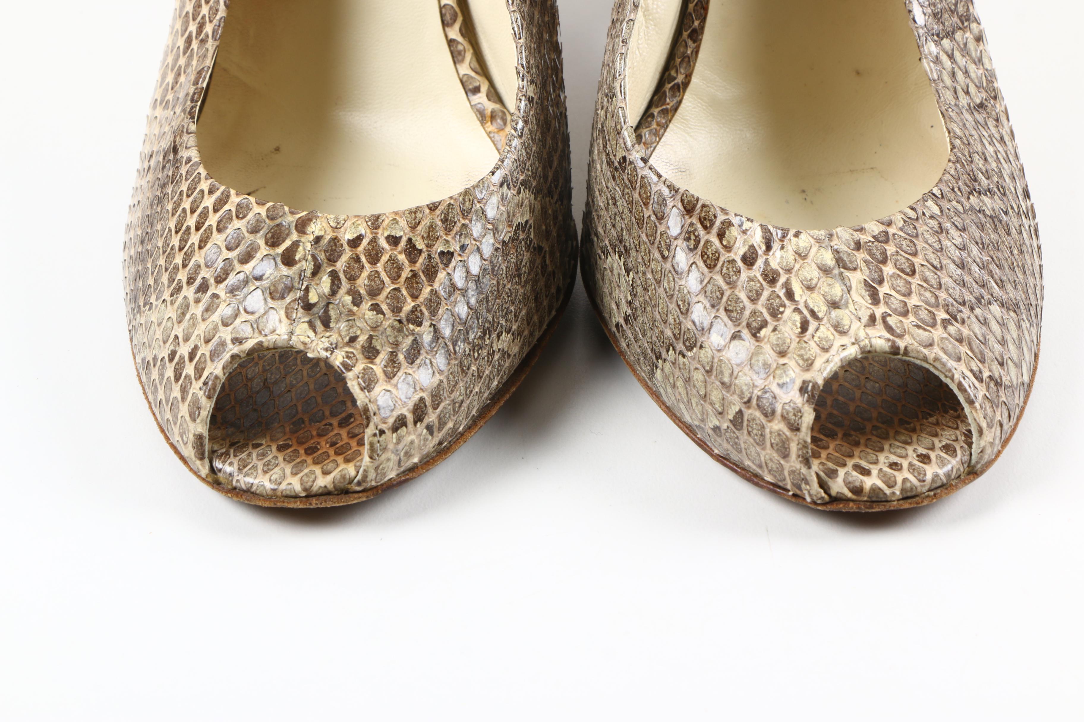 Miu Miu Snakeskin Leather Peep-Toe Wedges