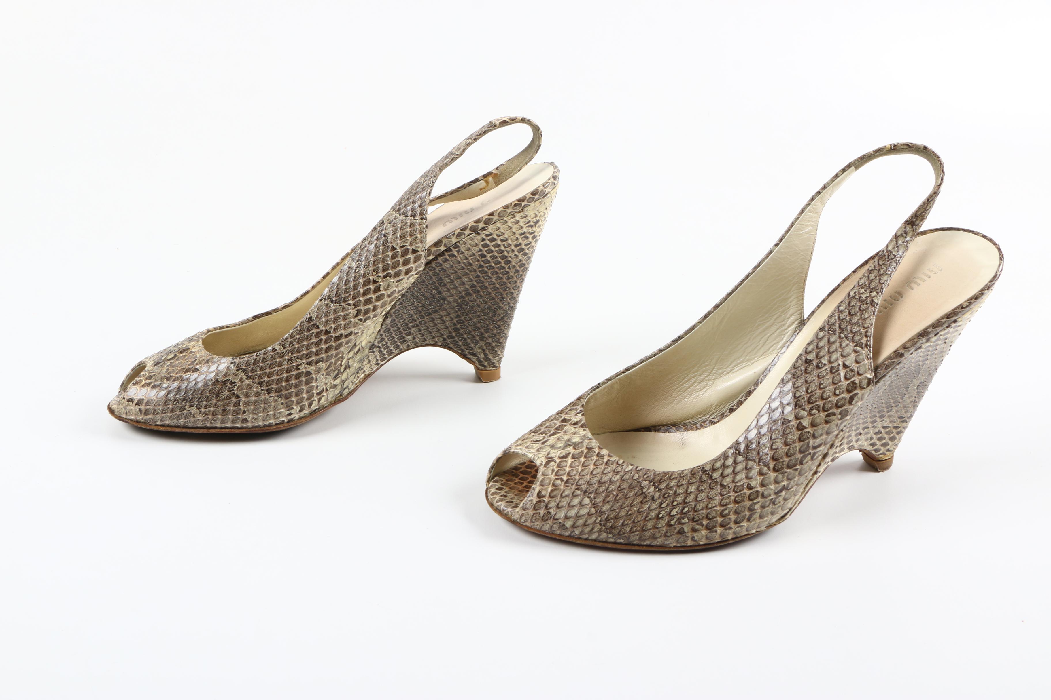 Miu Miu Snakeskin Leather Peep-Toe Wedges