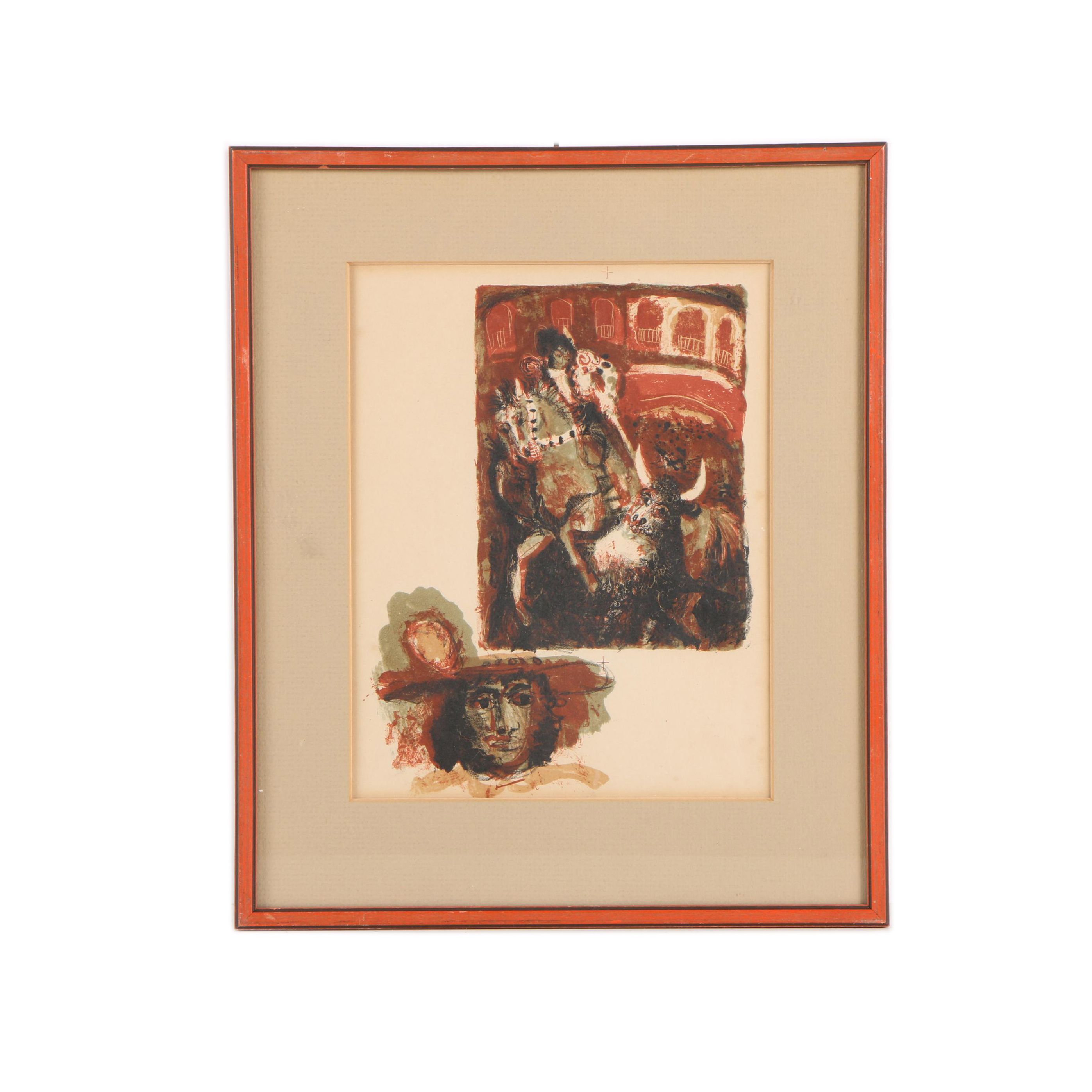 Lithograph on Paper of a Bullfight Attributed to Antonio Clave