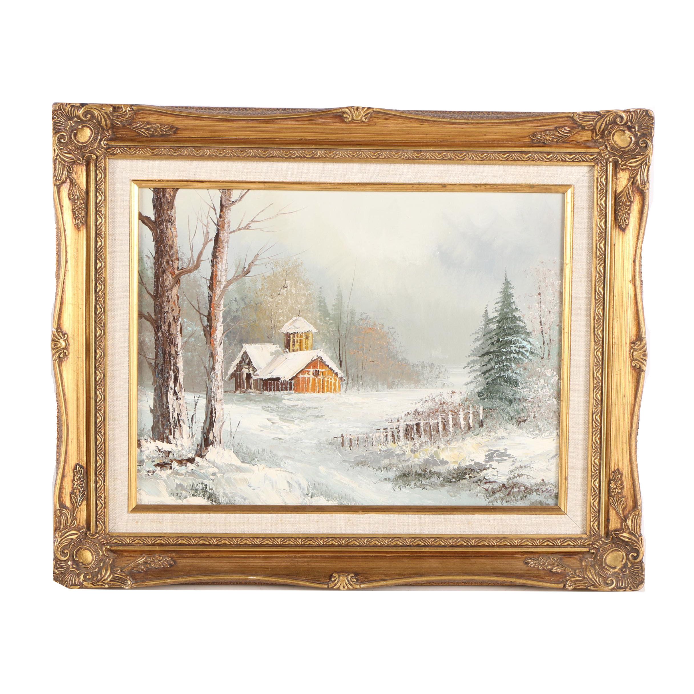 J. Medina Oil Painting on Canvas of a Snowy Barn
