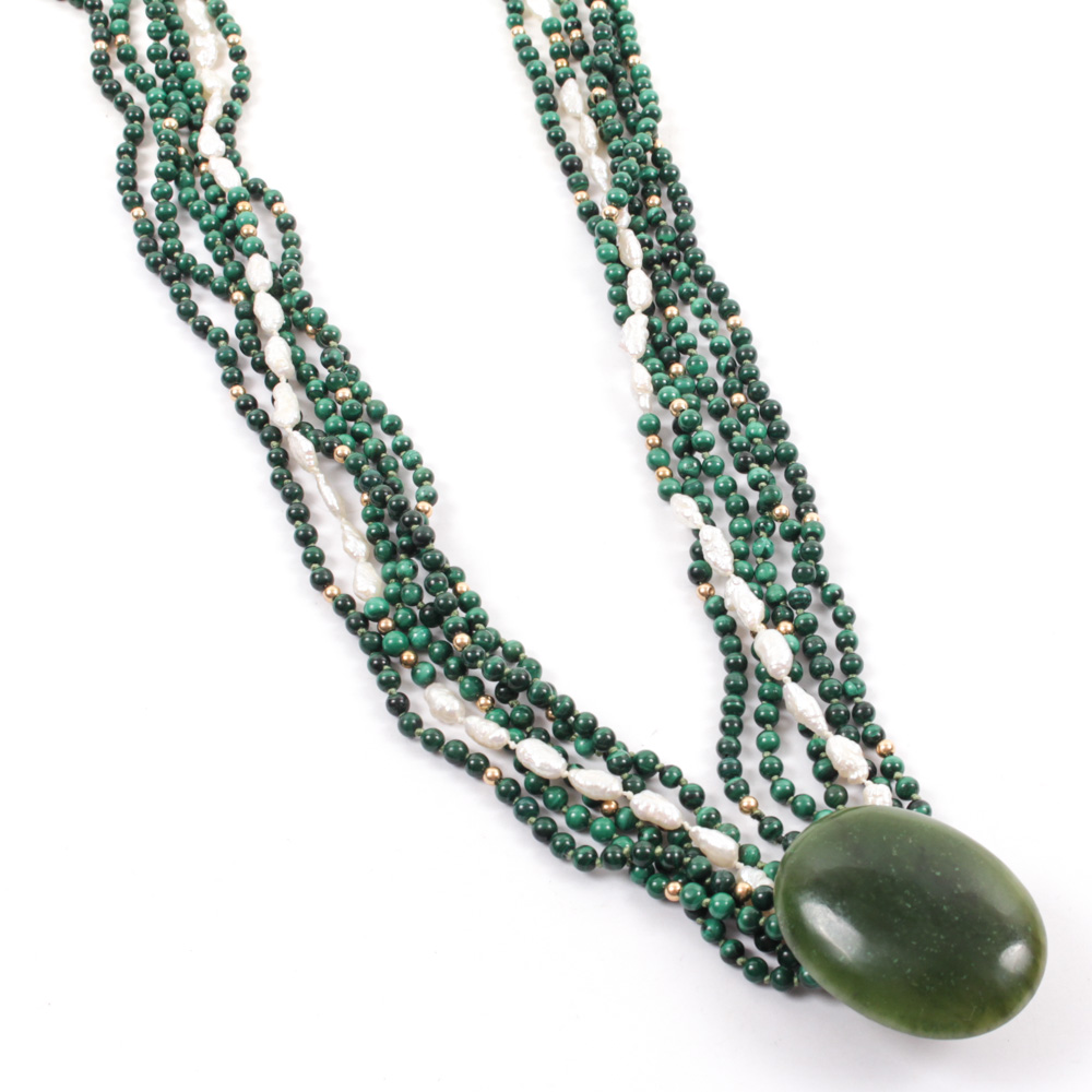Malachite, Nephrite and Baroque Multi-Strand Pearl Necklace