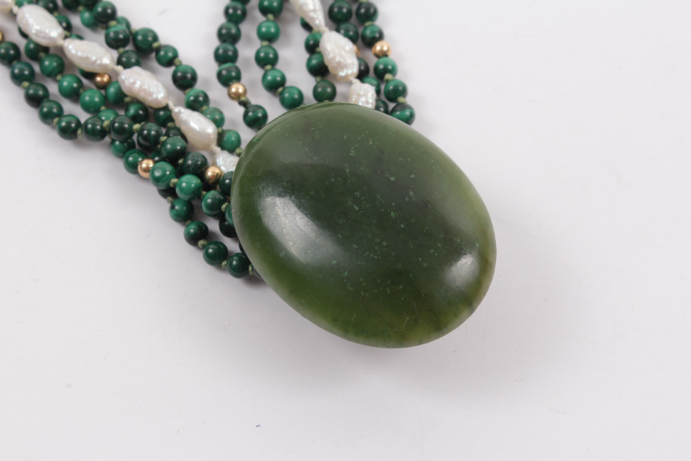 Malachite, Nephrite and Baroque Multi-Strand Pearl Necklace
