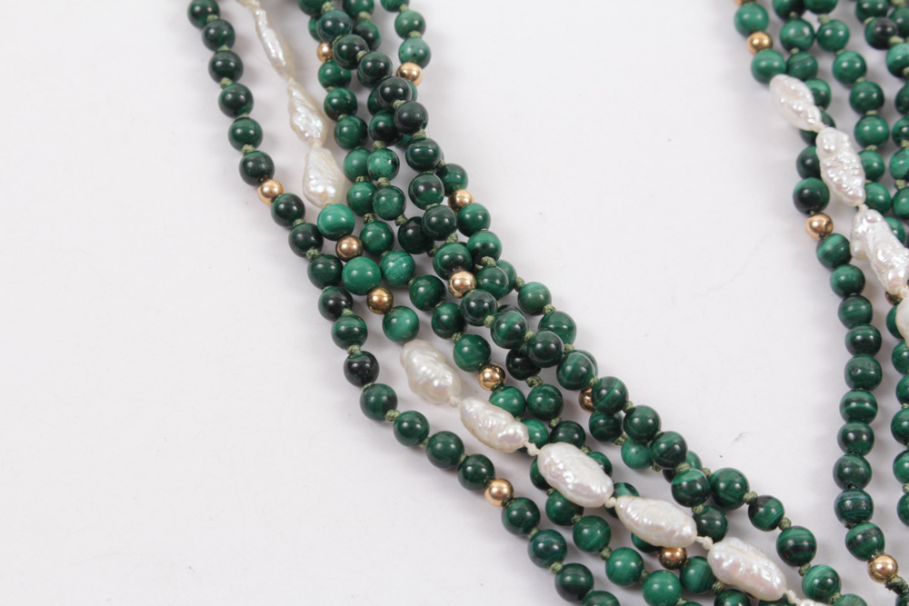 Malachite, Nephrite and Baroque Multi-Strand Pearl Necklace
