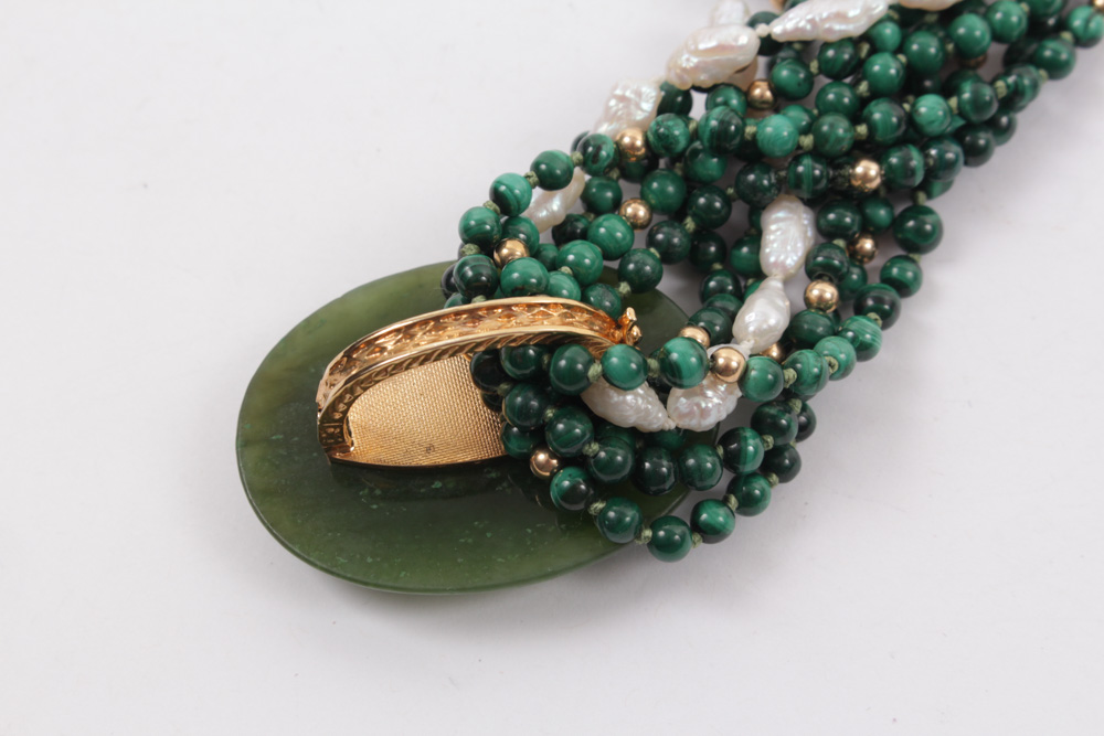 Malachite, Nephrite and Baroque Multi-Strand Pearl Necklace