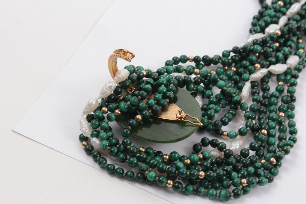 Malachite, Nephrite and Baroque Multi-Strand Pearl Necklace