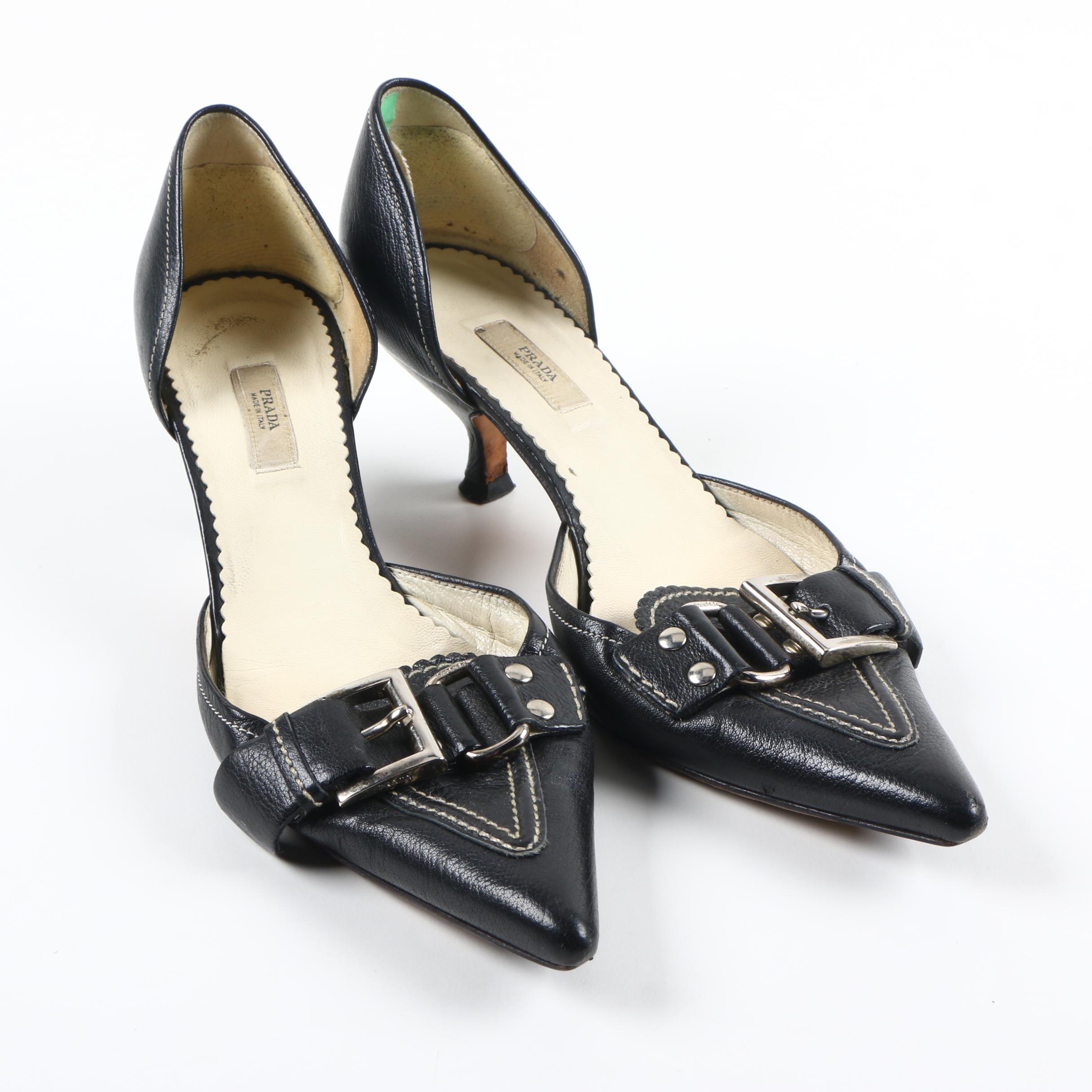 Prada D'Orsay Black Leather Kitten Heels
