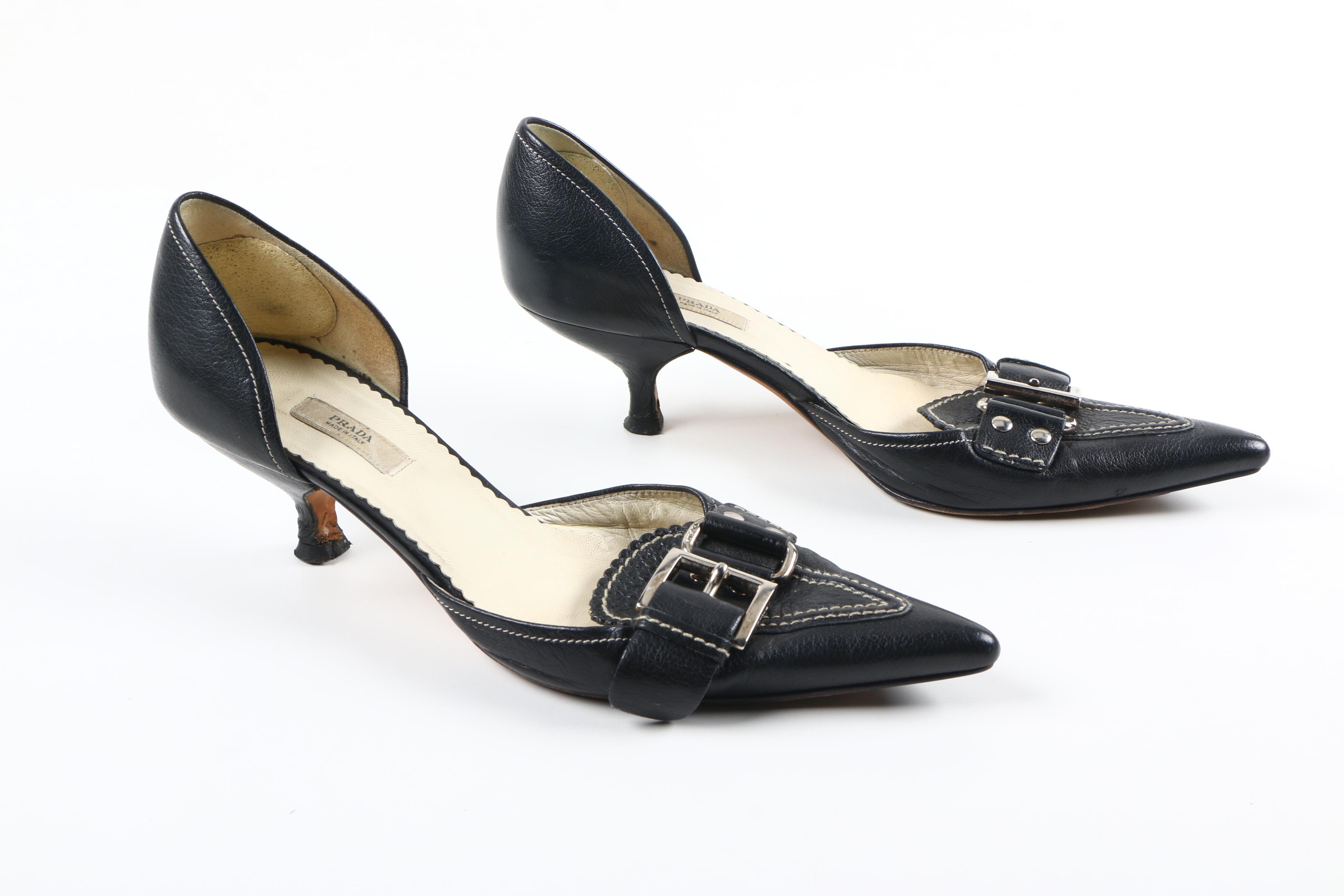 Prada D'Orsay Black Leather Kitten Heels