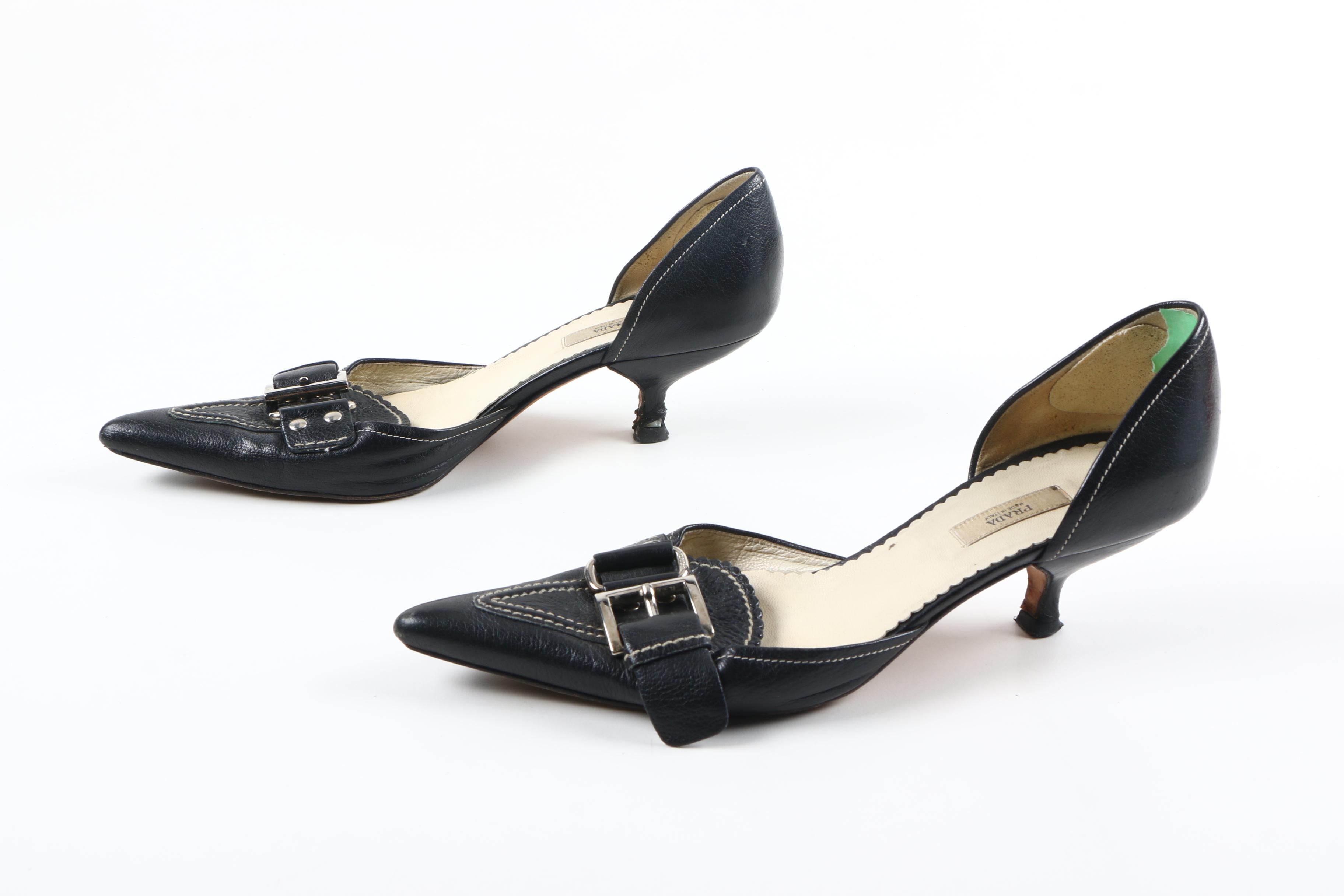 Prada D'Orsay Black Leather Kitten Heels