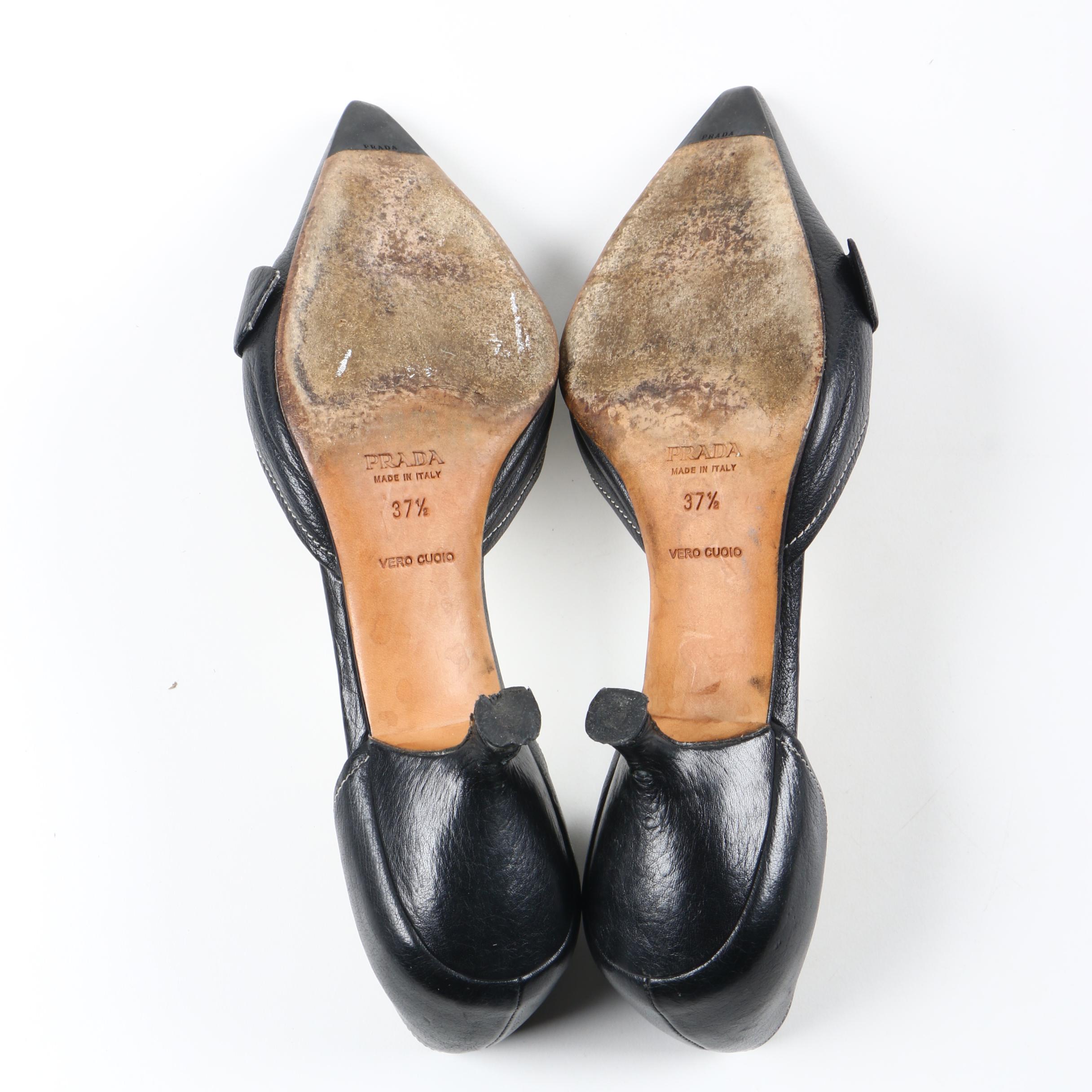 Prada D'Orsay Black Leather Kitten Heels
