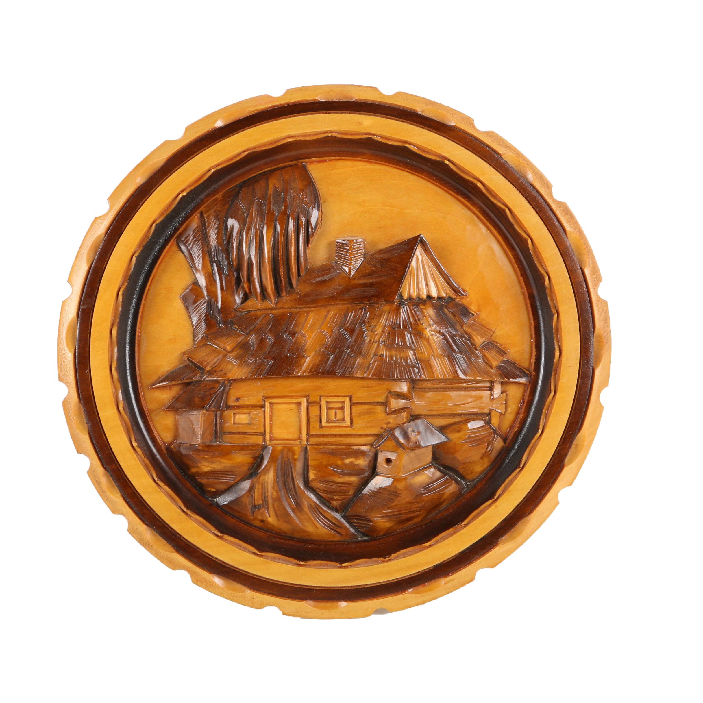 Polish Wooden Wall Hanging with Carved Relief of Rustic Cabin