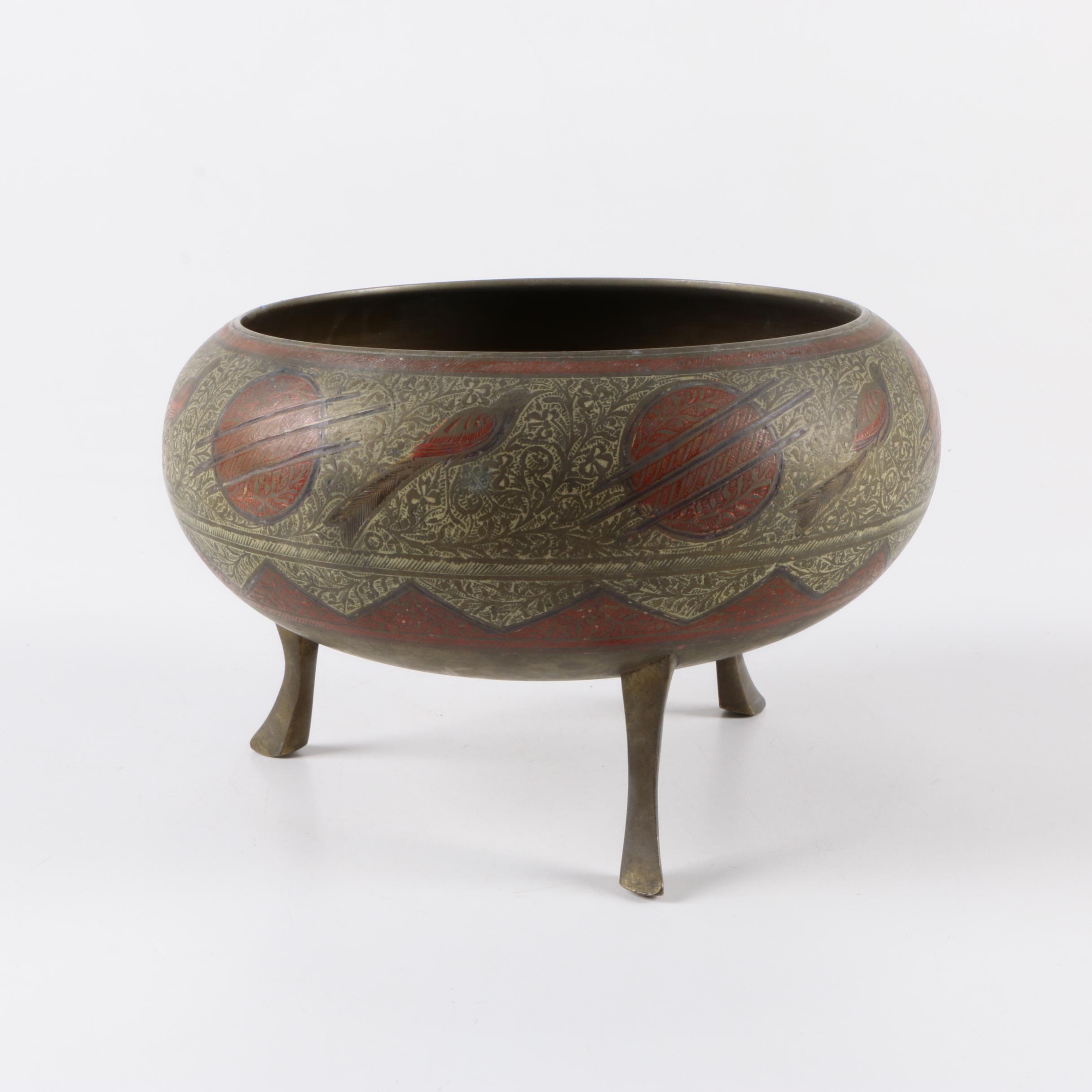 Czech Glassware and Footed Brass Bowl