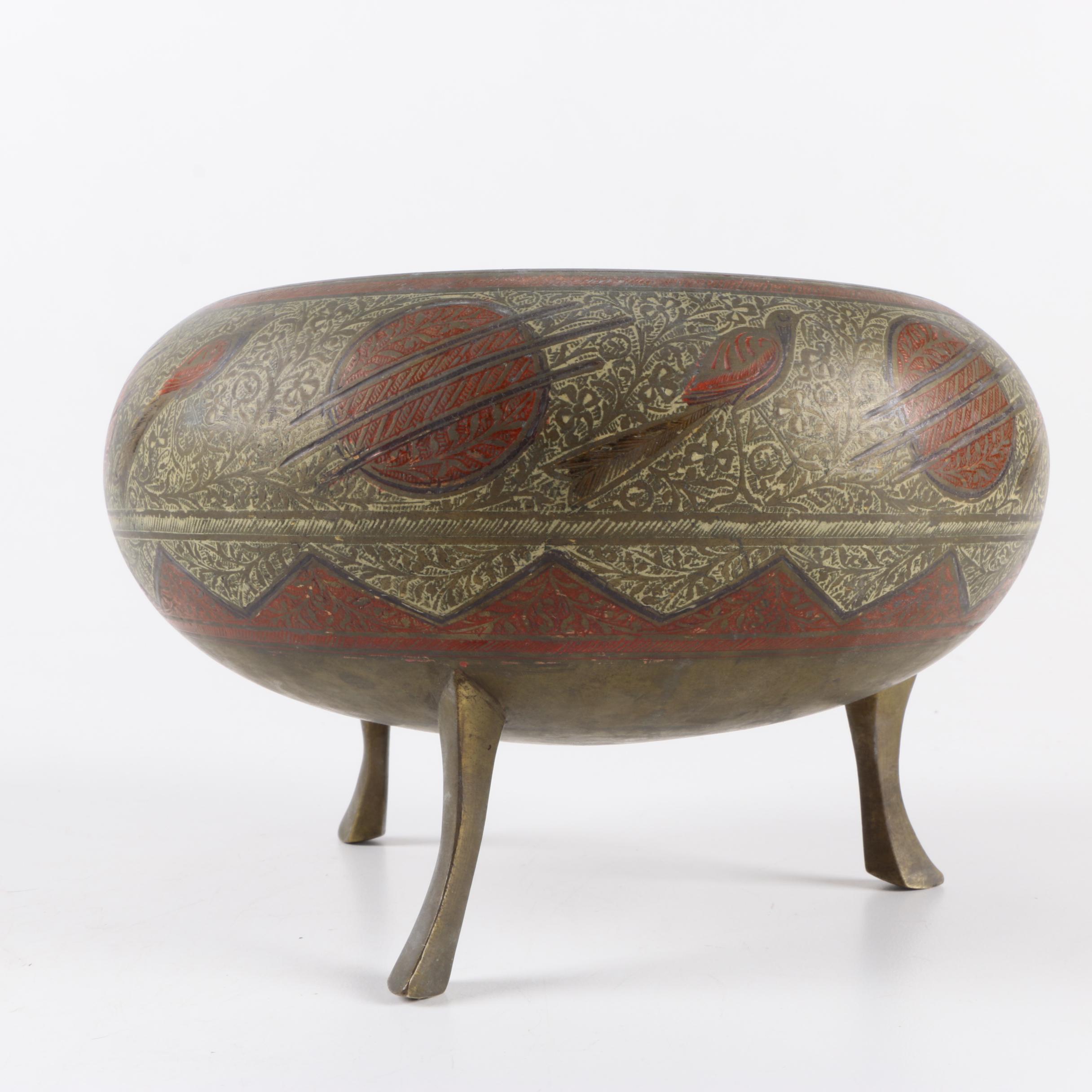 Czech Glassware and Footed Brass Bowl