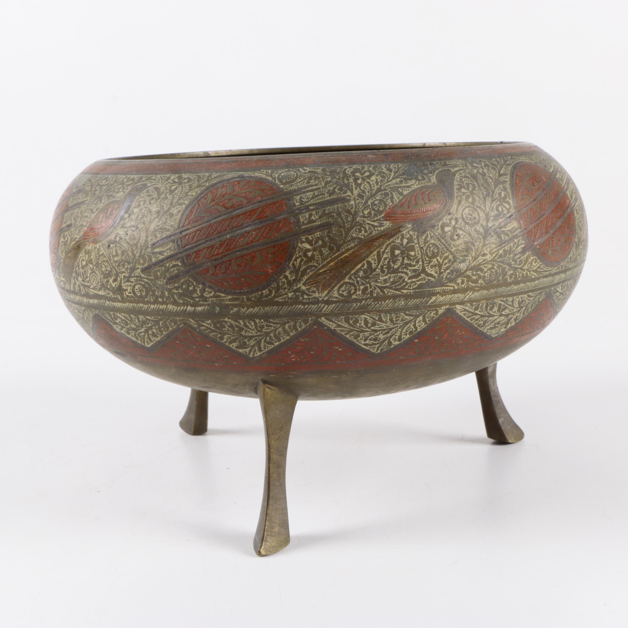 Czech Glassware and Footed Brass Bowl