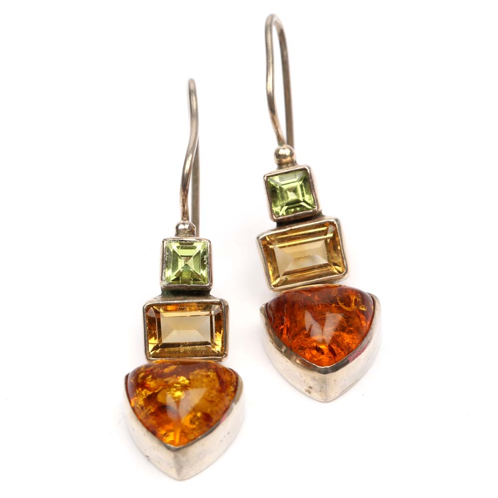 Sterling Silver Amber, Citrine and Peridot Dangle Earrings