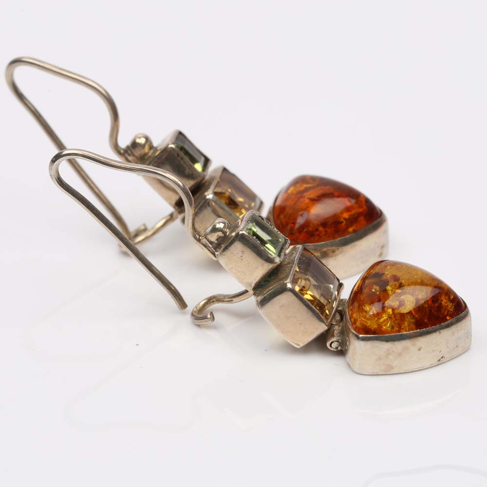 Sterling Silver Amber, Citrine and Peridot Dangle Earrings