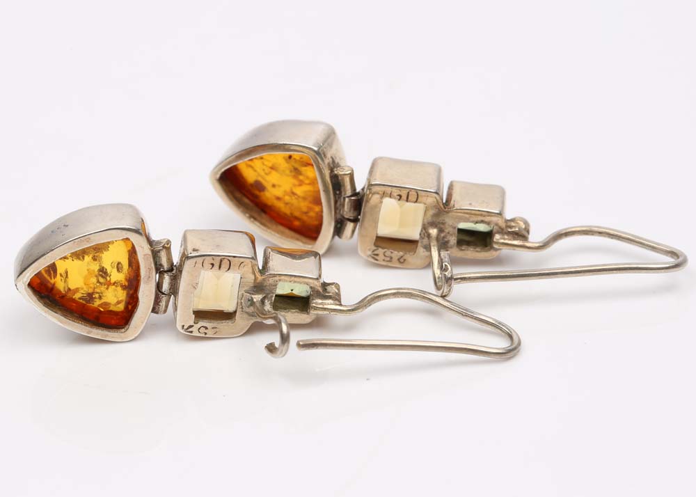 Sterling Silver Amber, Citrine and Peridot Dangle Earrings