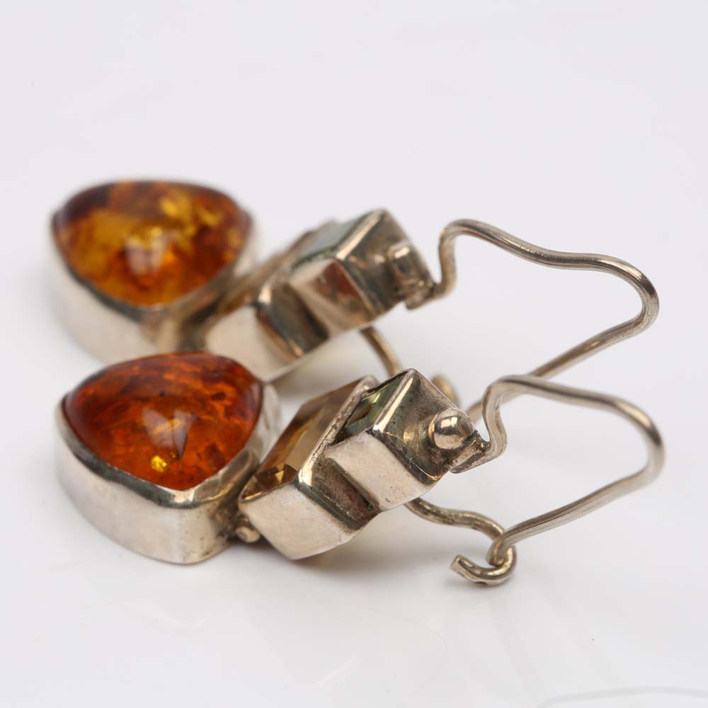 Sterling Silver Amber, Citrine and Peridot Dangle Earrings
