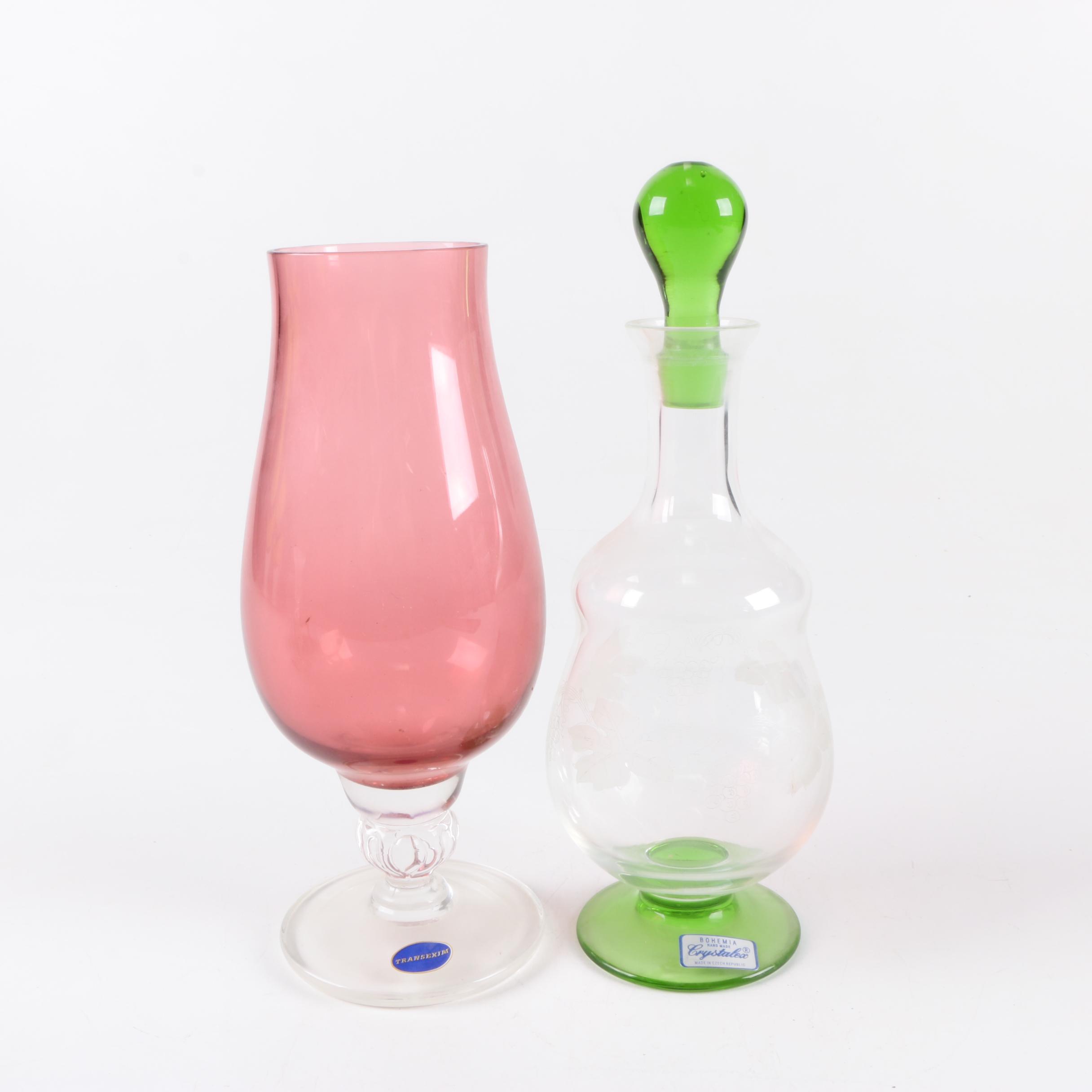 Czech Glassware and Footed Brass Bowl