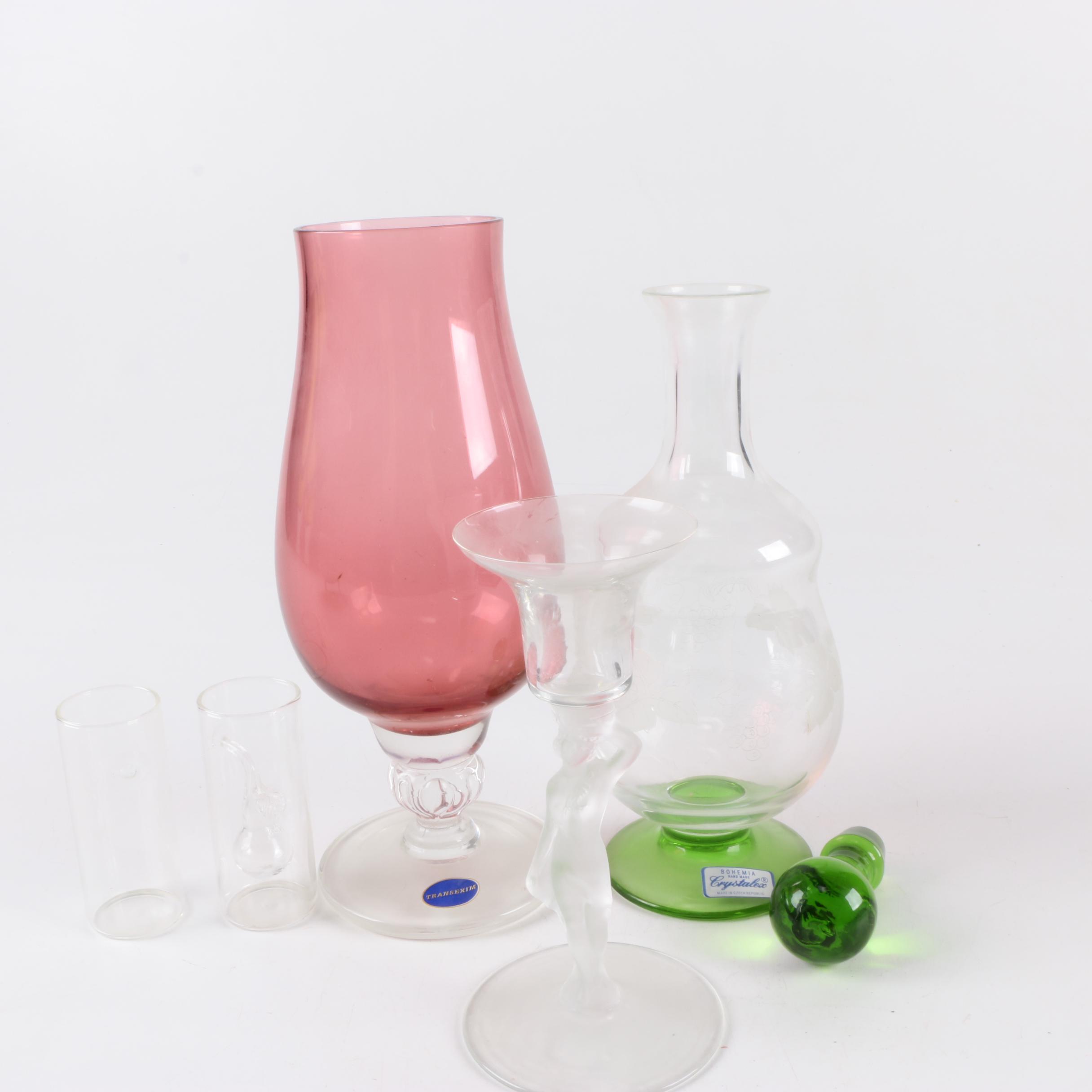 Czech Glassware and Footed Brass Bowl