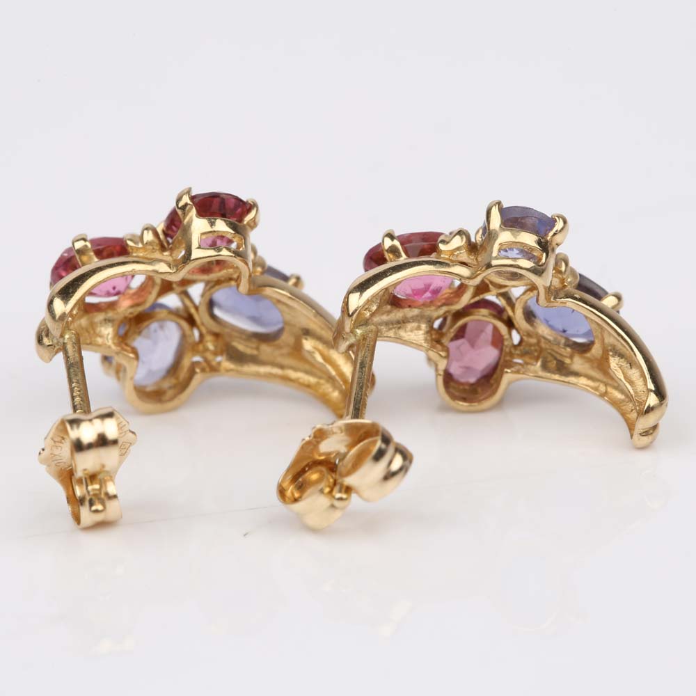 14K Yellow Gold Tanzanite and Pink Tourmaline Earrings