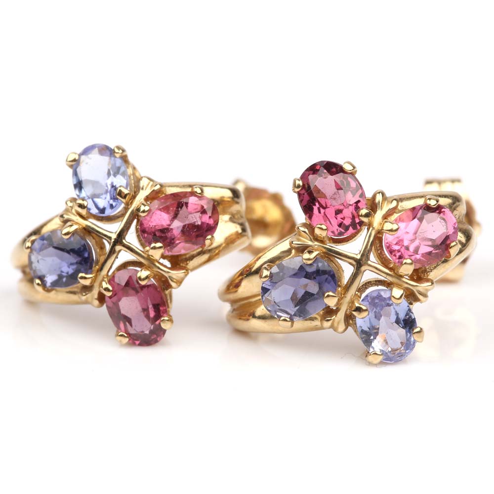 14K Yellow Gold Tanzanite and Pink Tourmaline Earrings
