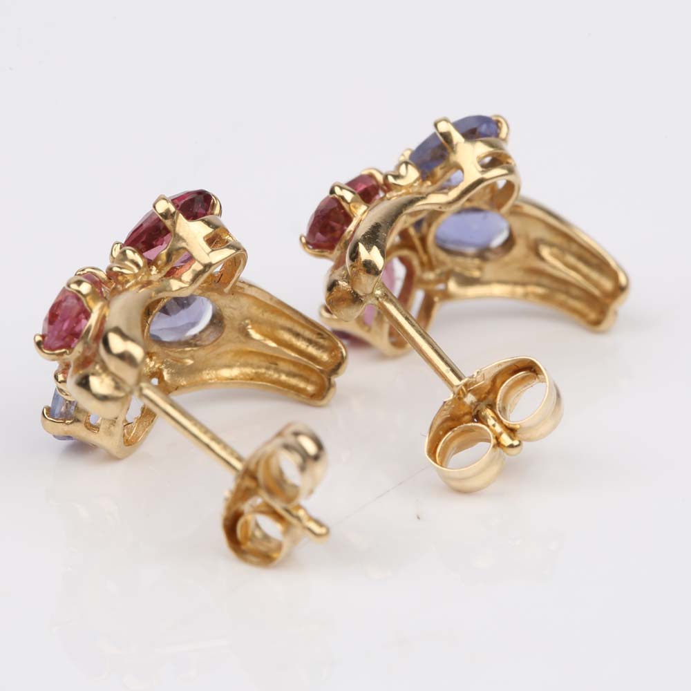 14K Yellow Gold Tanzanite and Pink Tourmaline Earrings