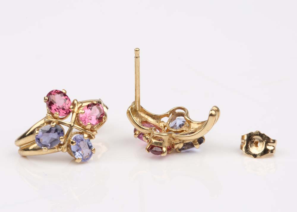 14K Yellow Gold Tanzanite and Pink Tourmaline Earrings