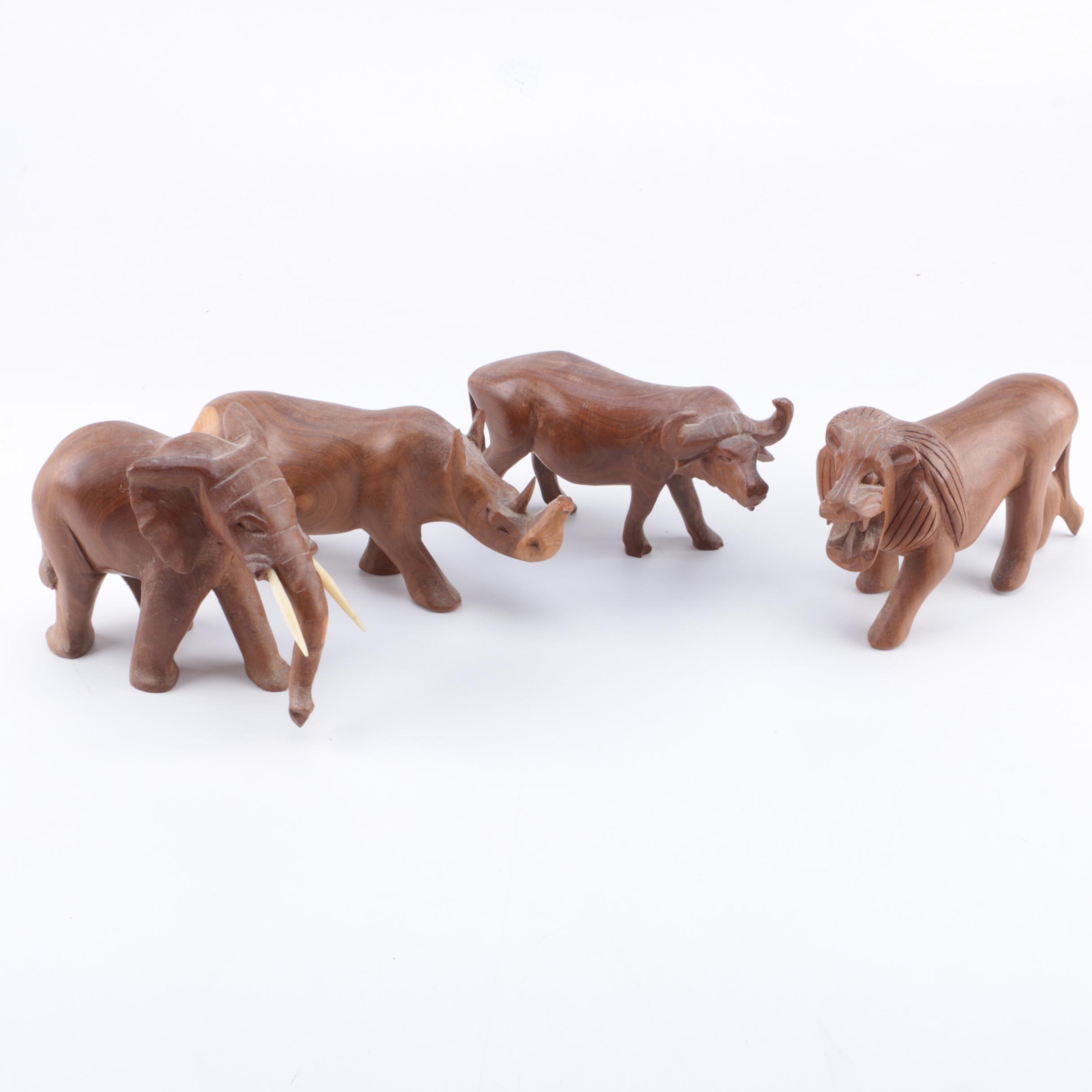 Carved Wood African Big Five Animal Figurines
