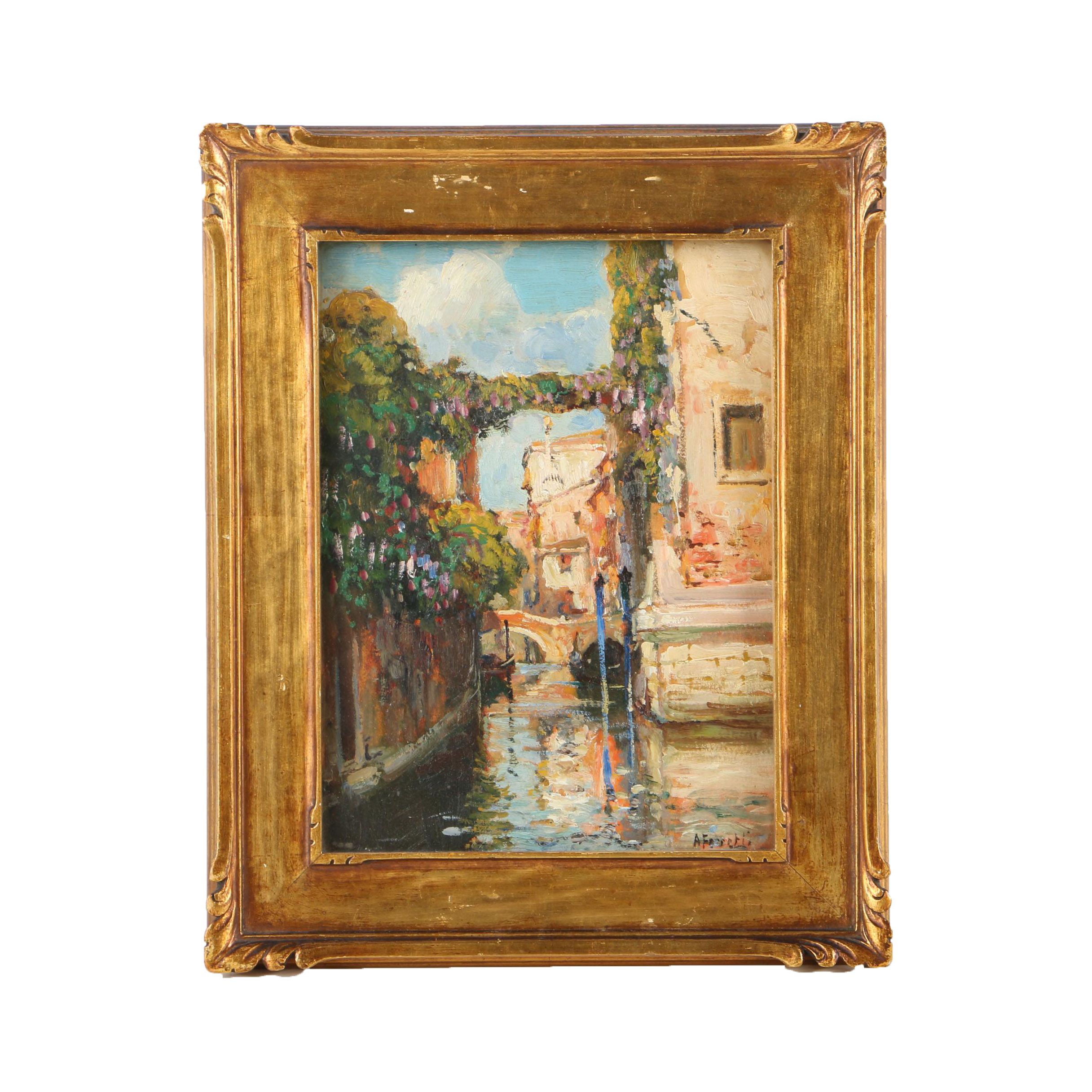 A. Ferretti Oil Painting on Panel of Canal Scene