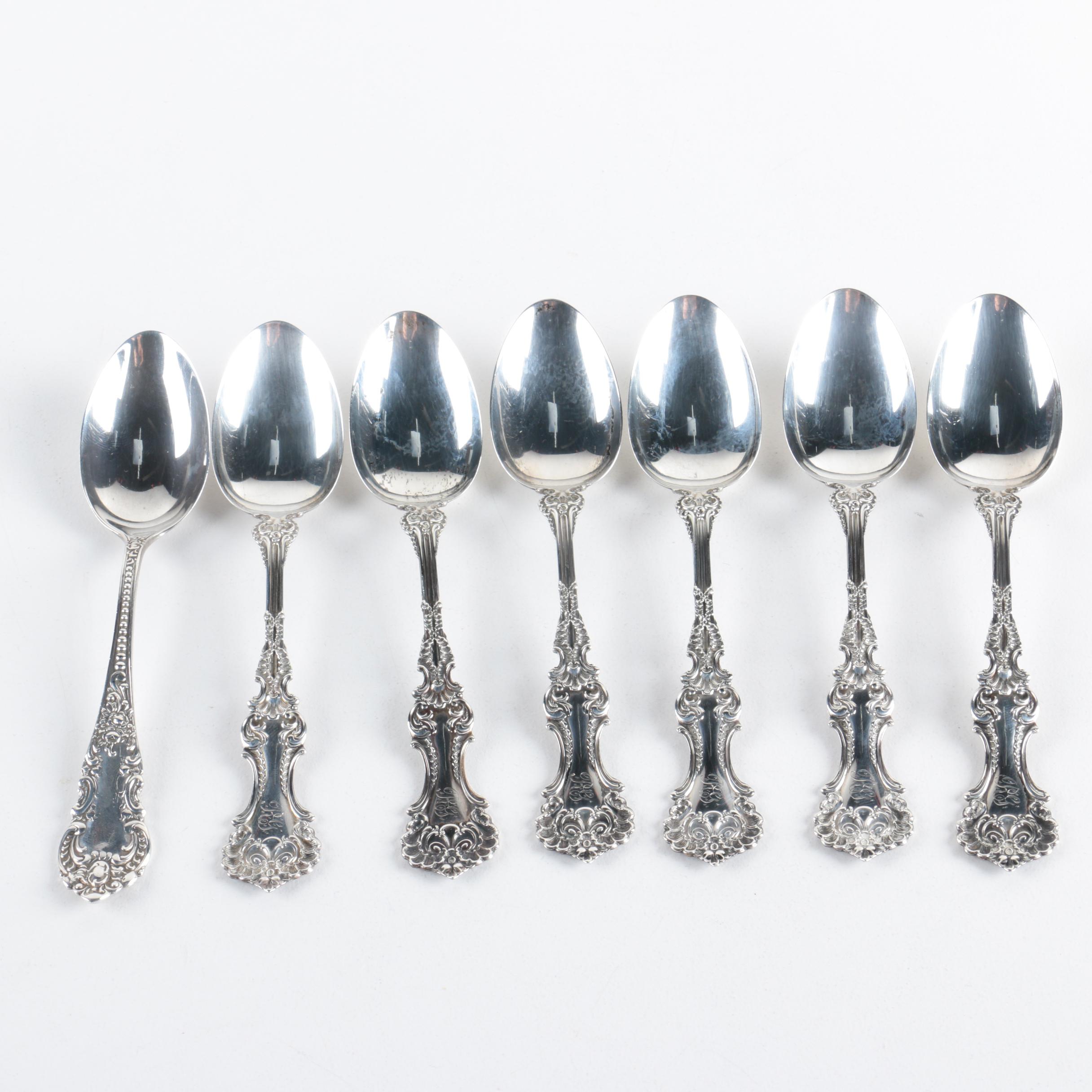 Whiting Mfg. Co. "Pompadour" Sterling Teaspoons with a Knowles Sterling Teaspoon