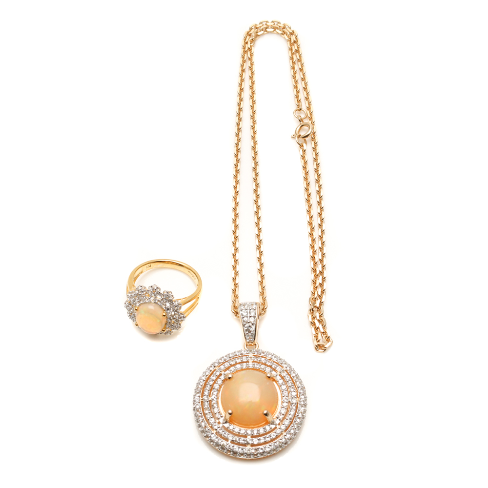 Orianne Sterling Silver Opal and White Topaz Ring and Necklace