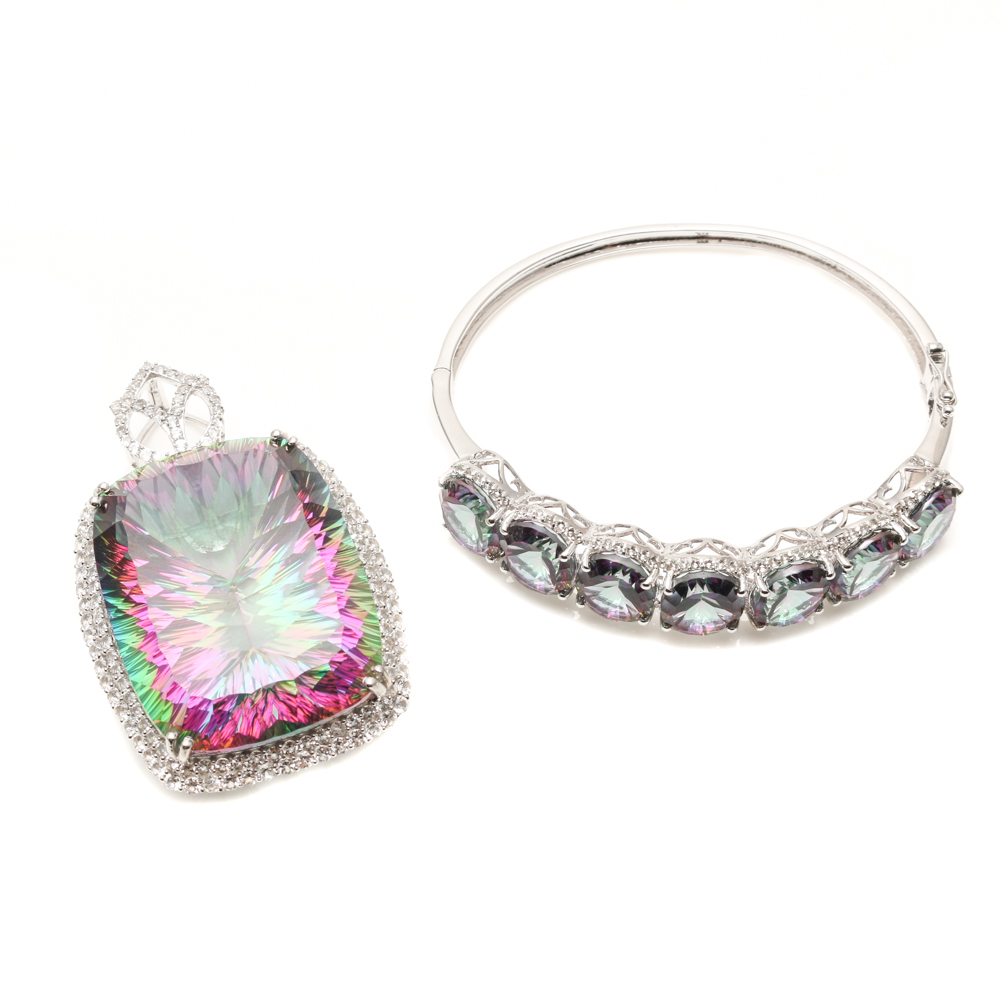 Orianne Sterling Silver Topaz Pendant and Bangle with Gemstones
