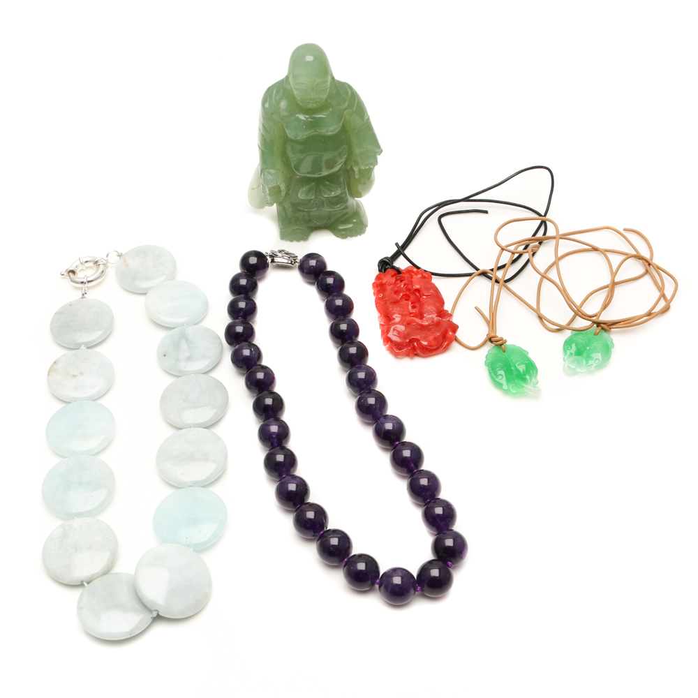Assorted Gemstone Jewelry Including Carve Buddha and Sterling Silver