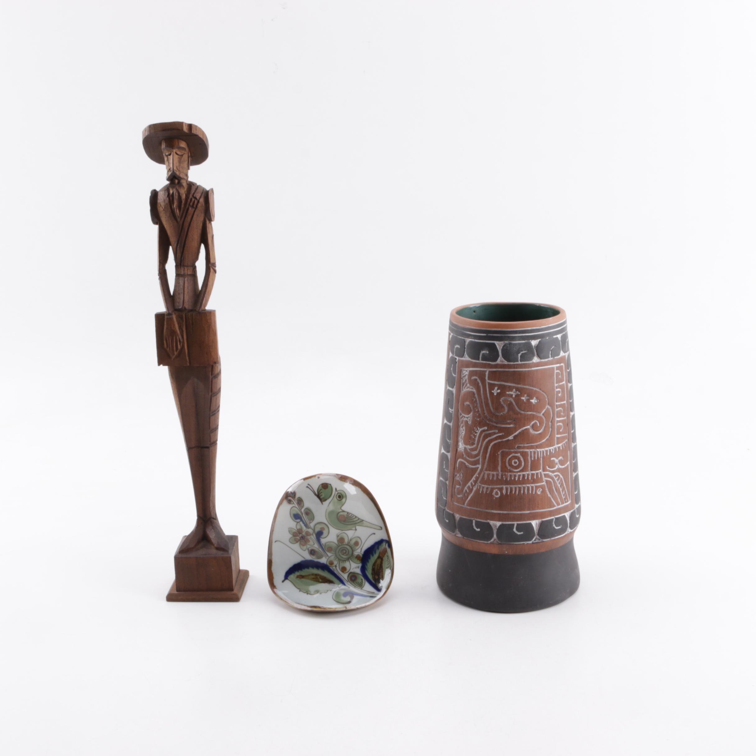 Mexican Pottery and Carved Figure