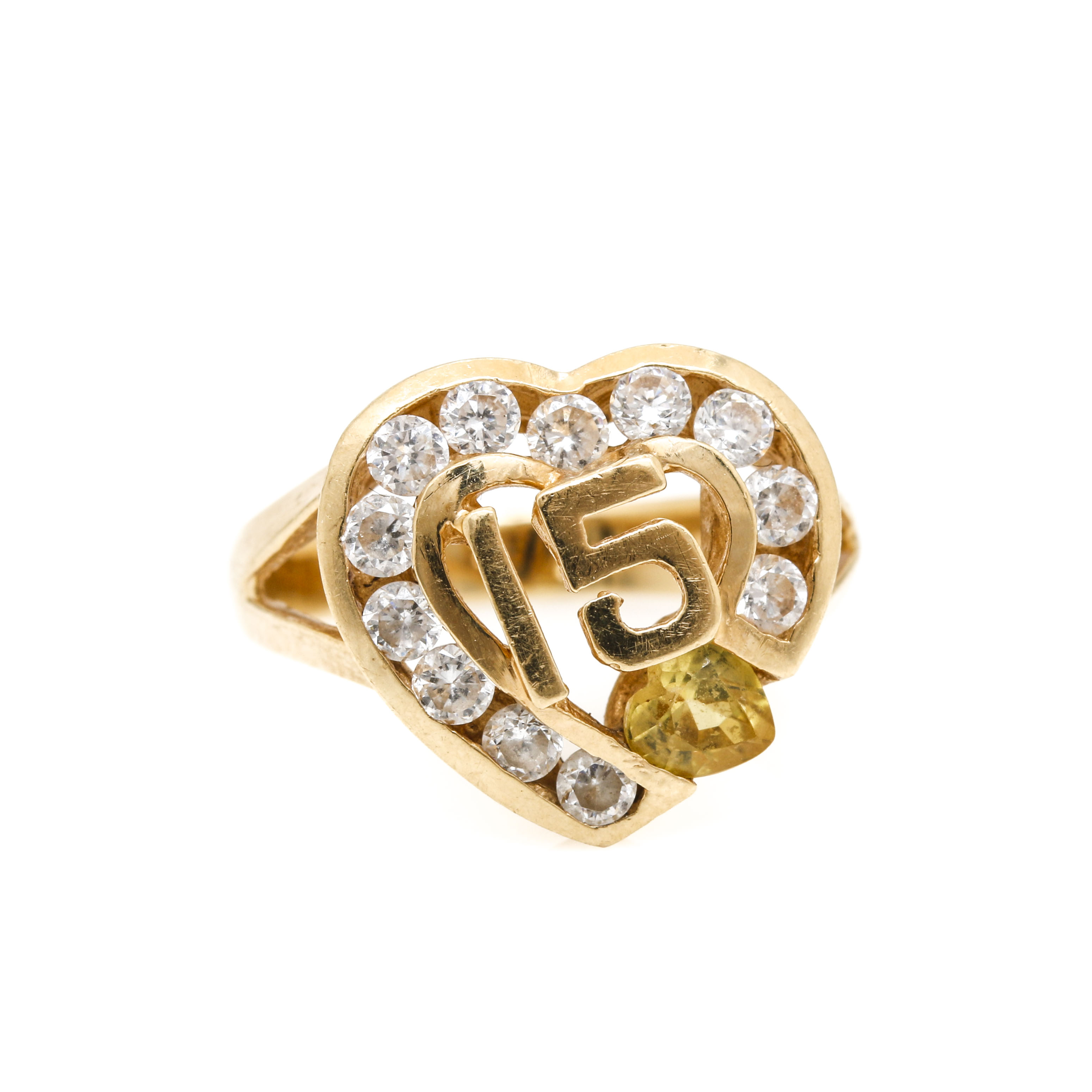 14K Yellow Gold Cubic Zirconia Sweet 15 Heart Ring