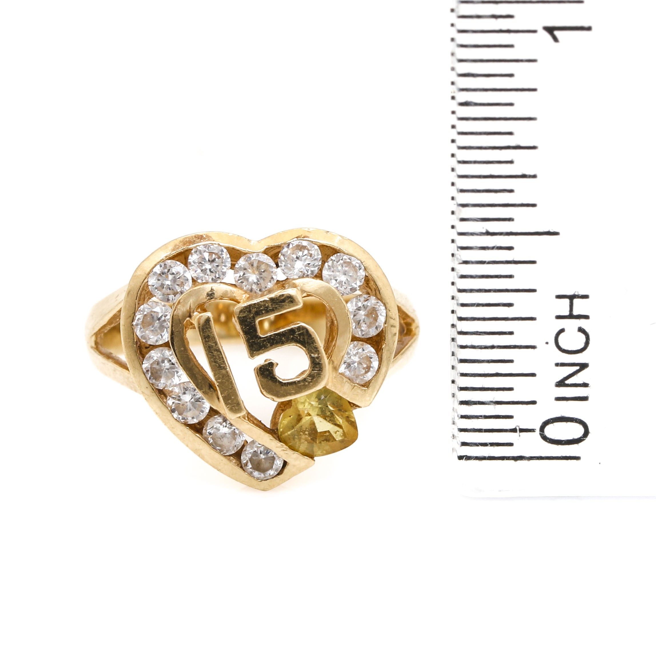 14K Yellow Gold Cubic Zirconia Sweet 15 Heart Ring