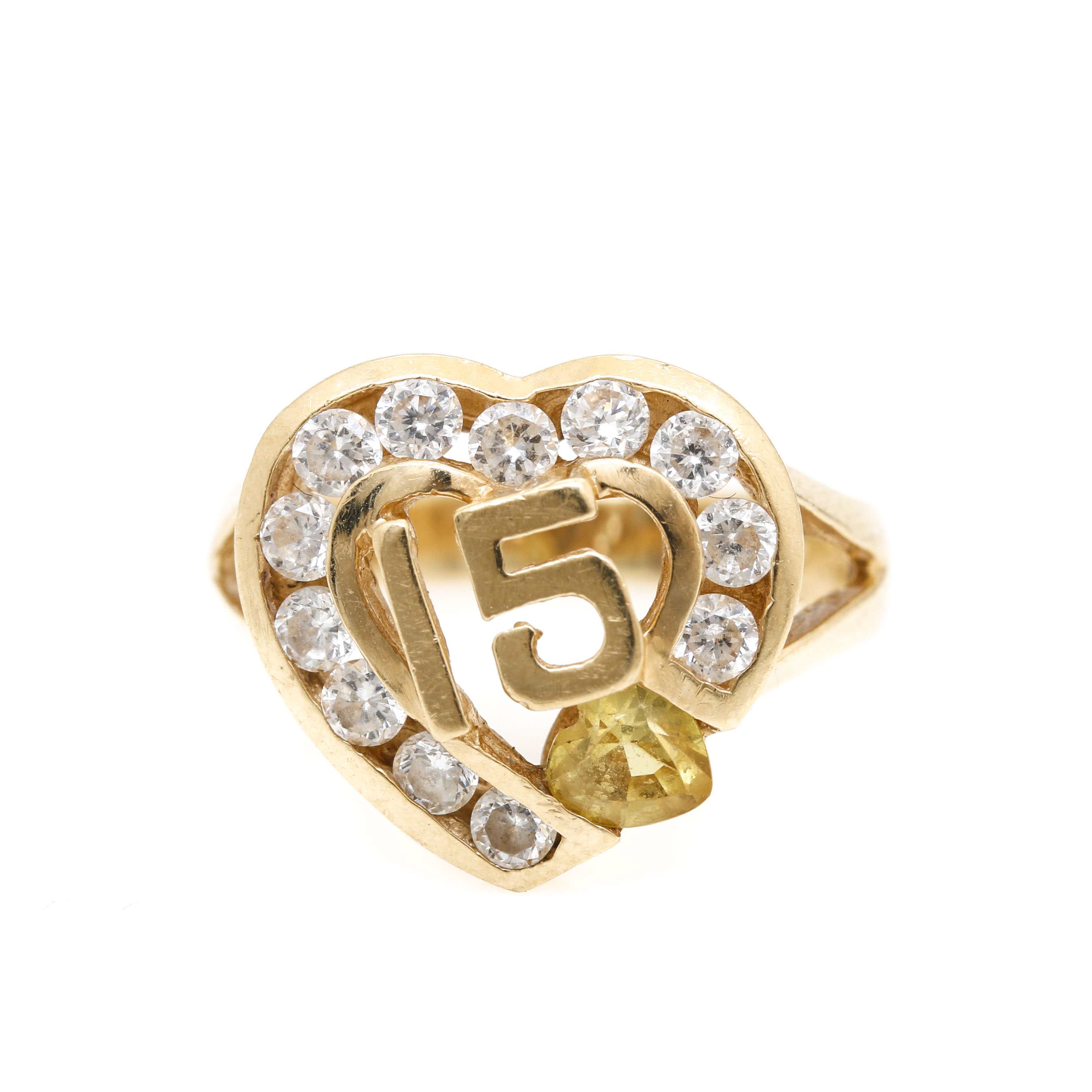 14K Yellow Gold Cubic Zirconia Sweet 15 Heart Ring