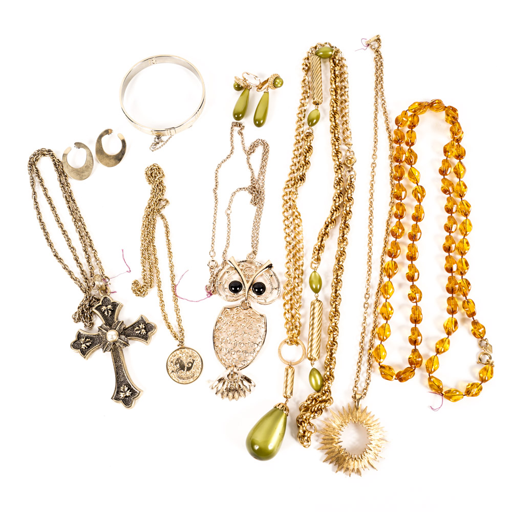 Sarah Coventry Costume Jewelry Collection with Owl and Cross Pendants