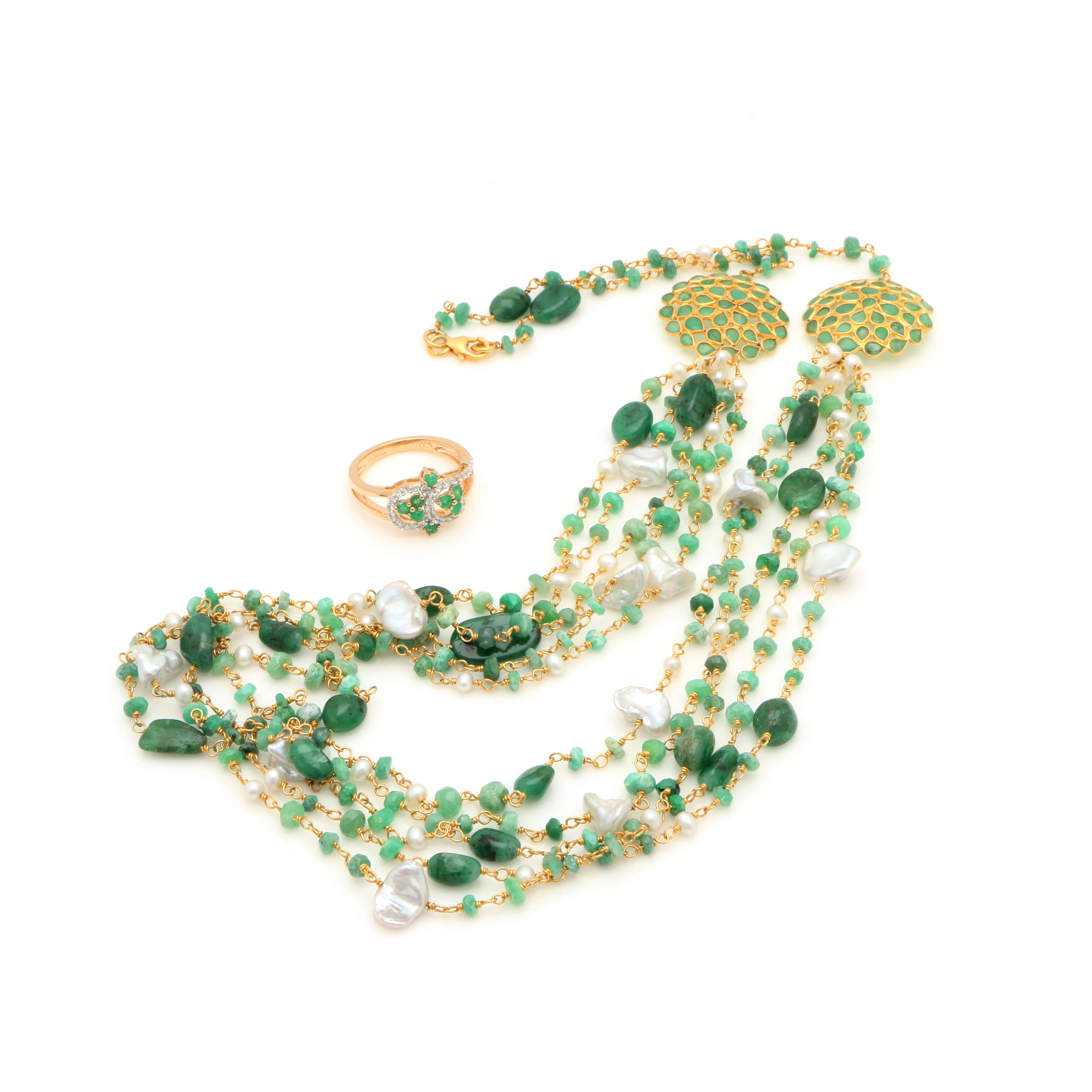 Sterling Silver Emerald and Pearl Necklace and Ring