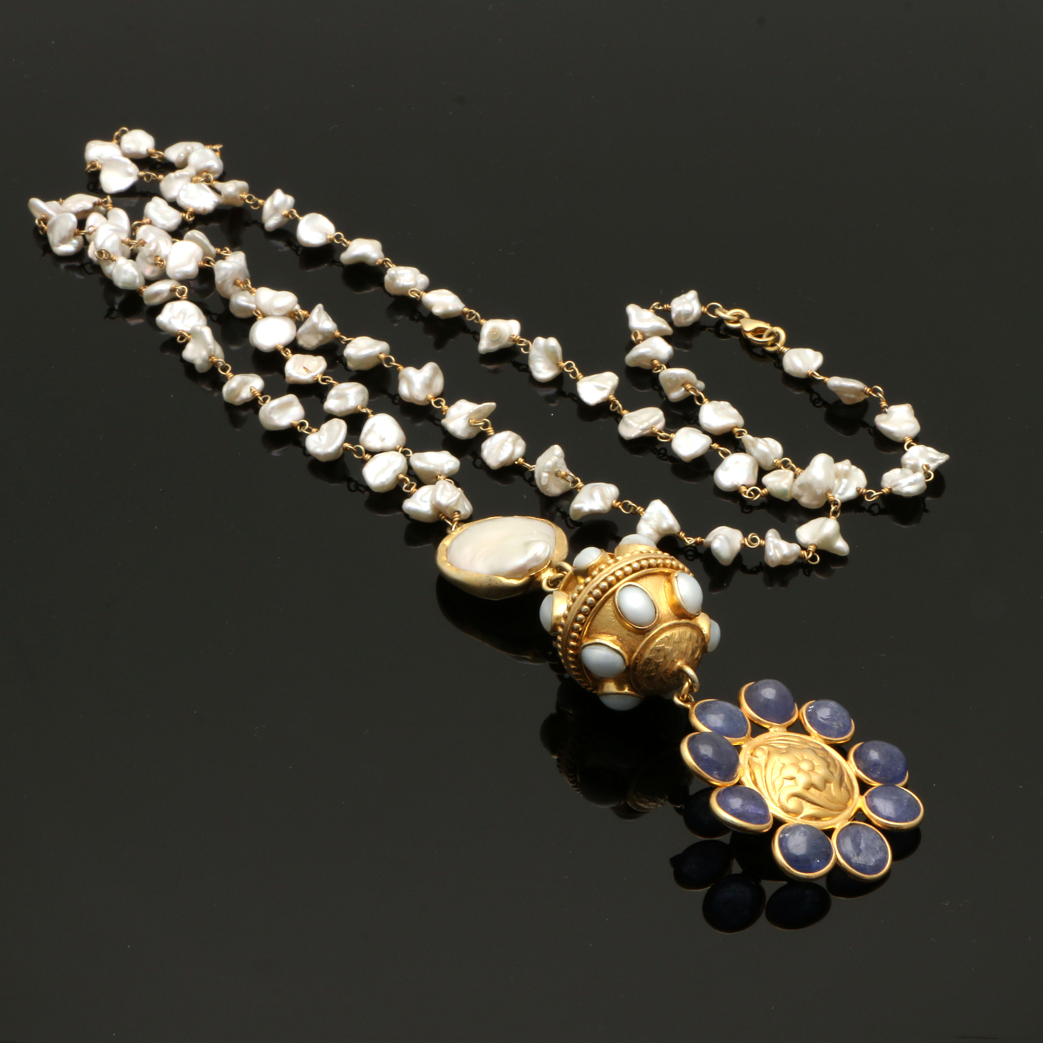 Gold Wash on Sterling Silver Freshwater Pearl and Tanzanite Opera Necklace