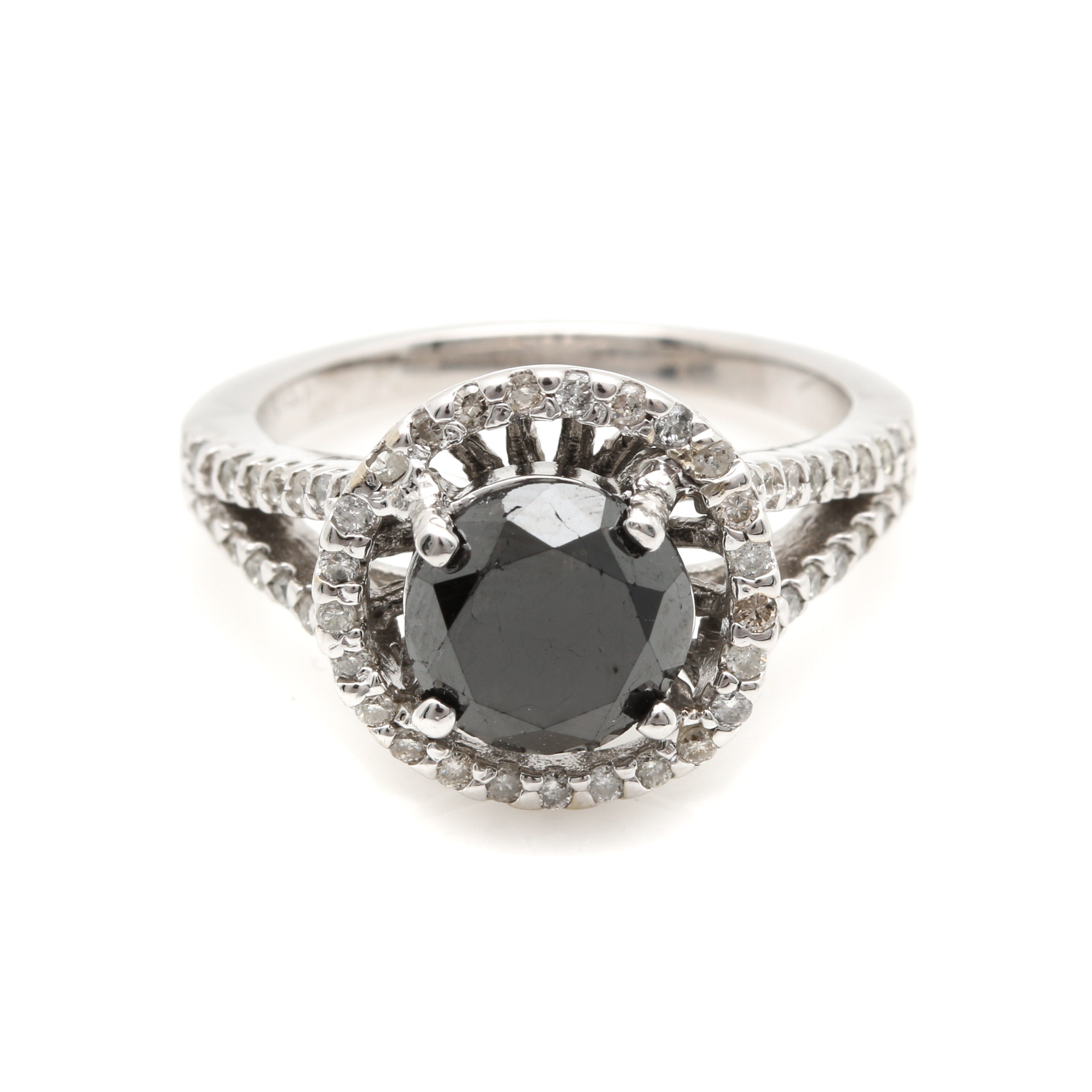 14K White Gold 2.03 CT Black Diamond and Diamond Ring